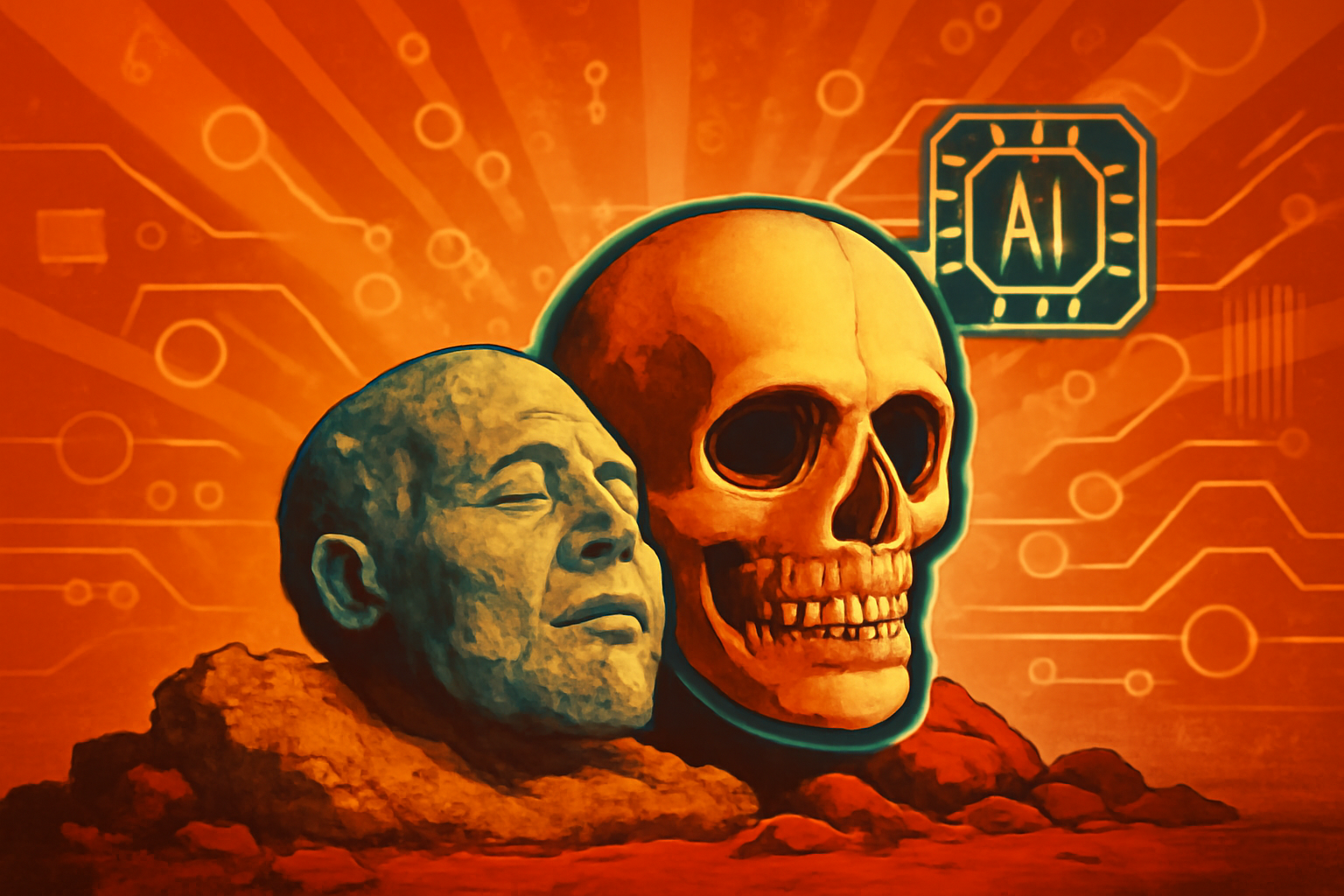 A side-by-side comparison showing a plaster cast of a Pompeii victim next to a lifelike AI-generated facial reconstruction.