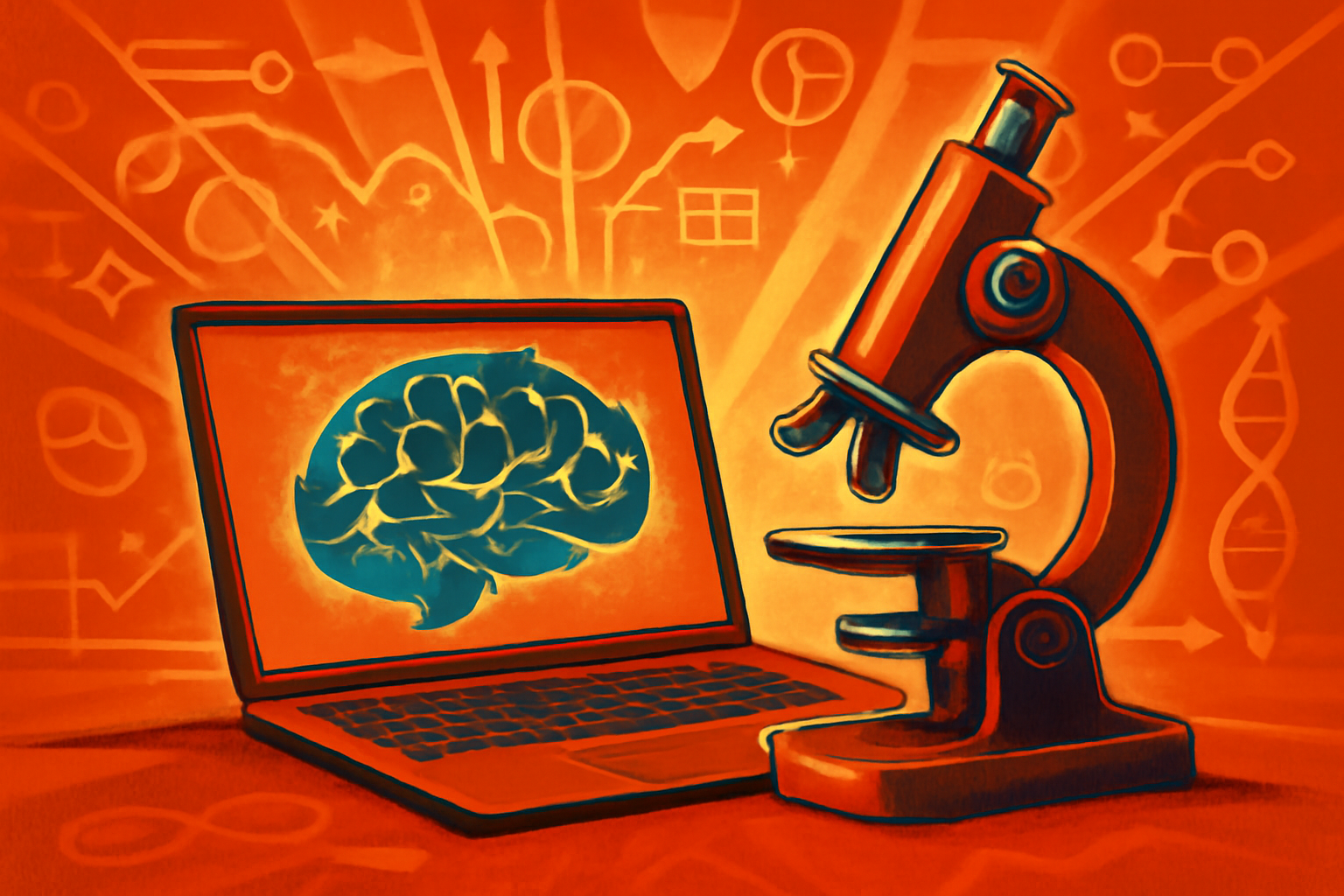 An editorial illustration showing a laboratory scientist on one side and complex data visualizations on the other, connected by digital nodes to represent the integration of AI in biotech.