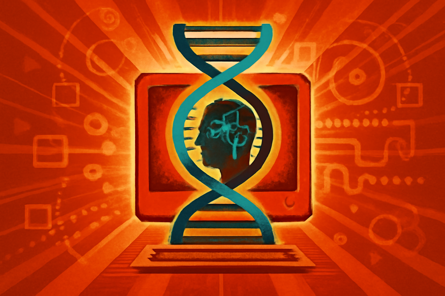 A stylized digital 3D model of a DNA double helix surrounded by shimmering data points and glowing connections, representing genetic decoding.