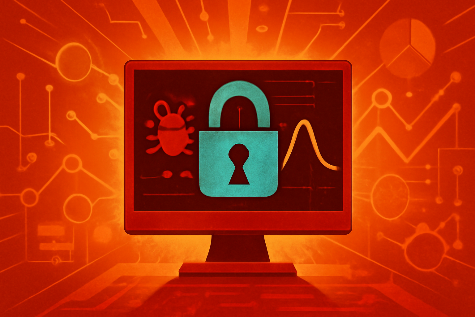 A digital security visualization showing a glowing blue rectangular perimeter representing an AI sandbox being penetrated by red data streams, signaling a cybersecurity breach.