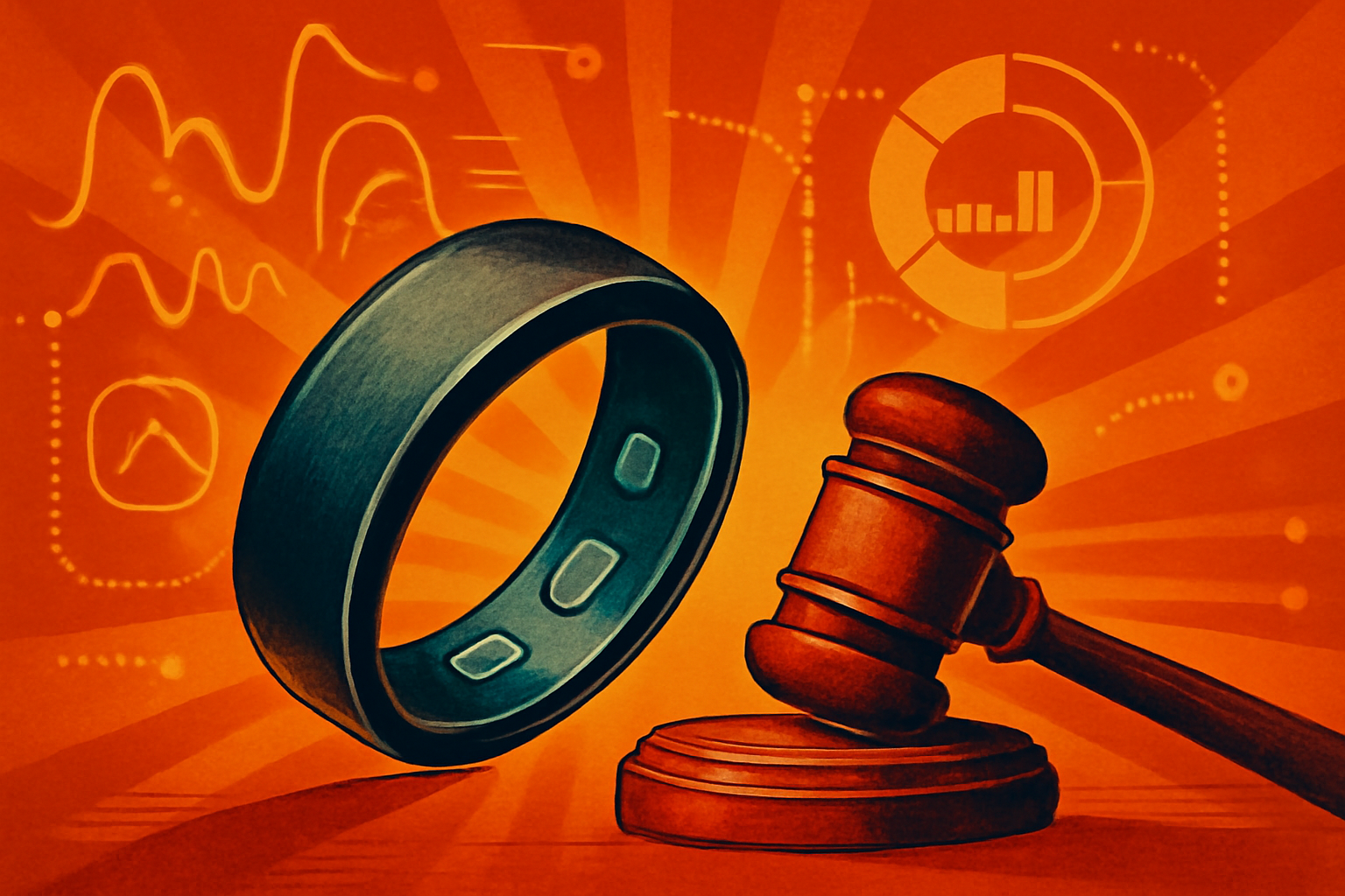 A close-up of a metallic smart ring on a desk with a wooden judge's gavel in the background, representing legal challenges to wearable health technology.