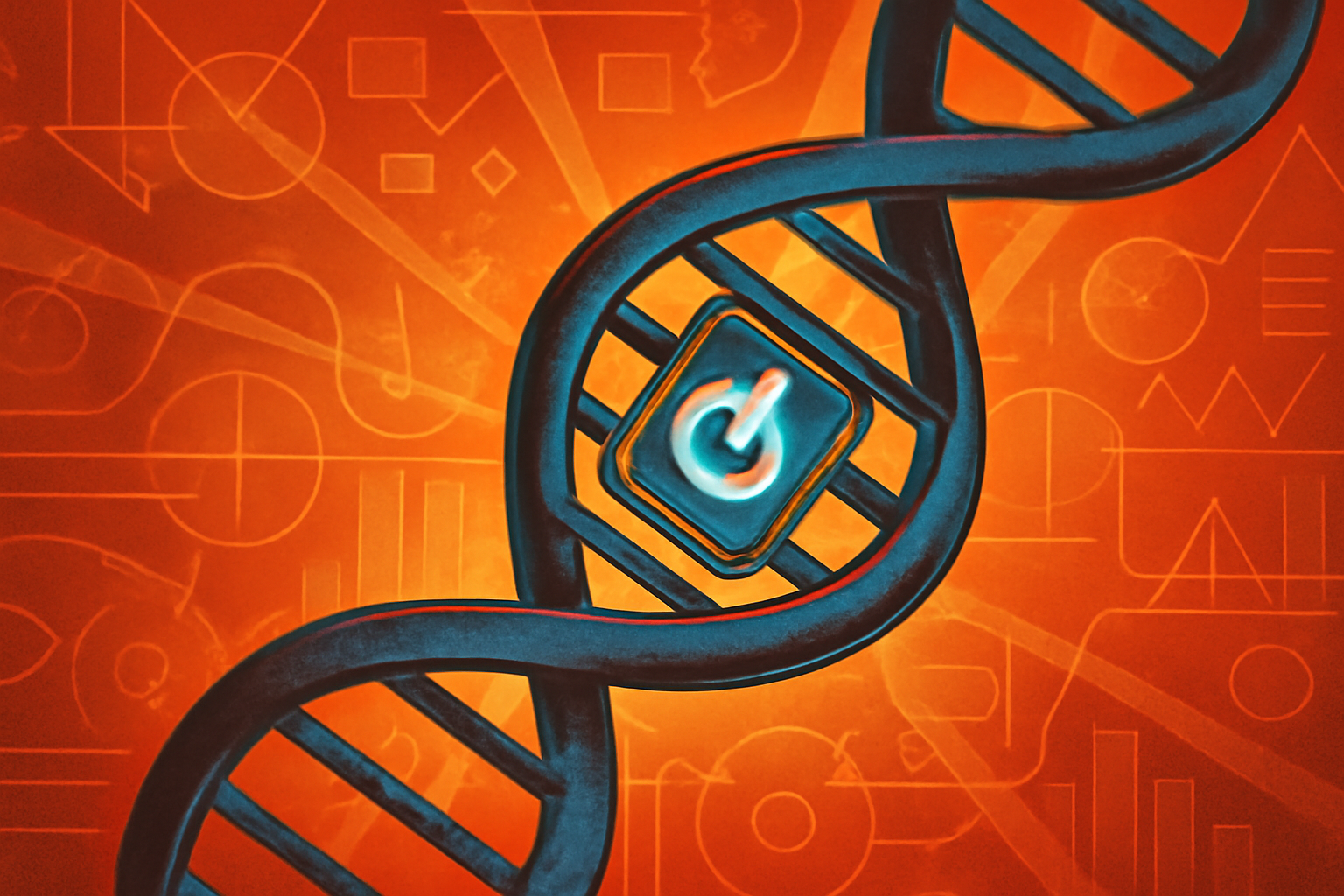 A digital 3D model of a human DNA strand with a specific section glowing to represent a genetic switch.