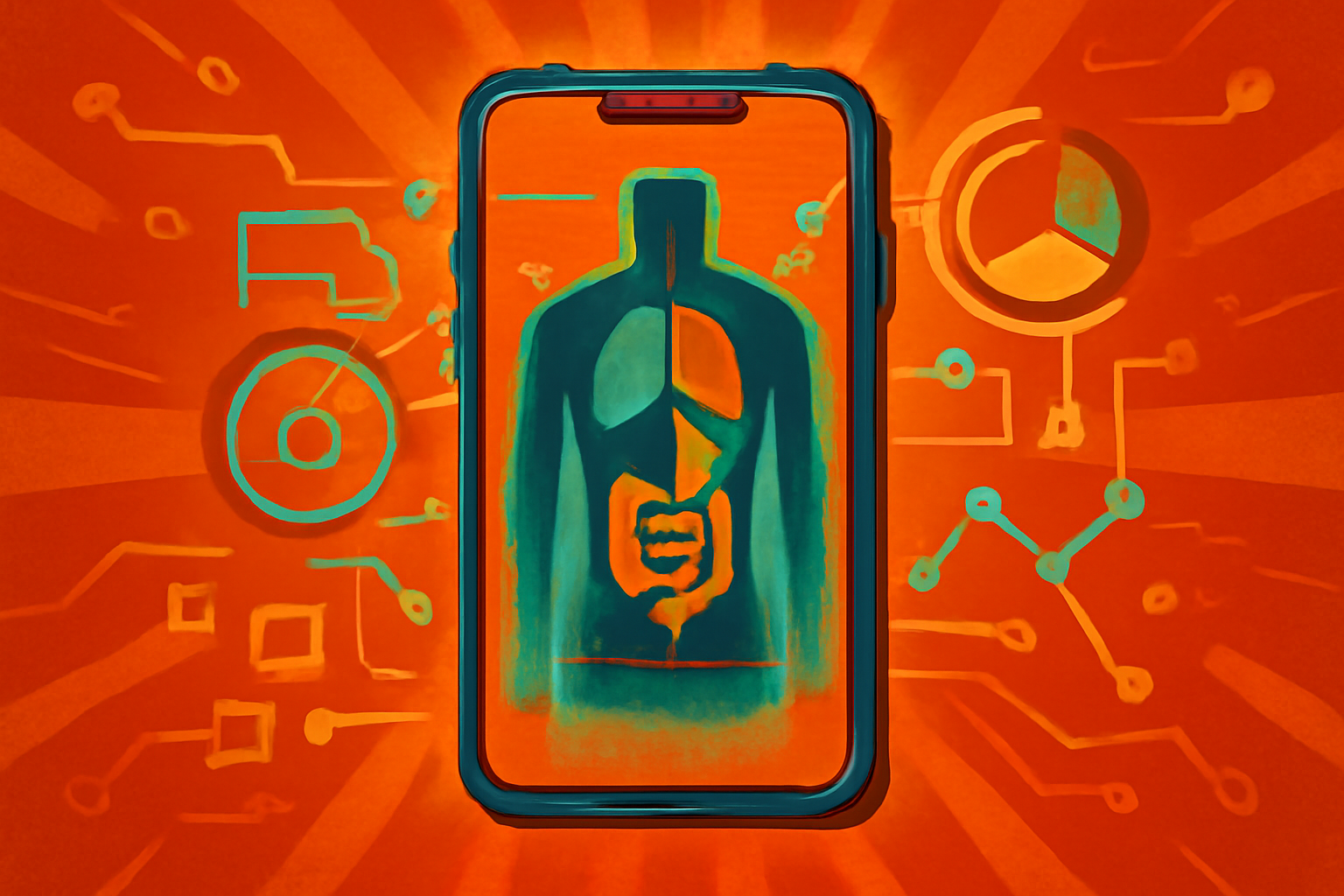 A person holds a Google Pixel smartphone showing a body composition analysis app with fat percentage and health data visualizations.