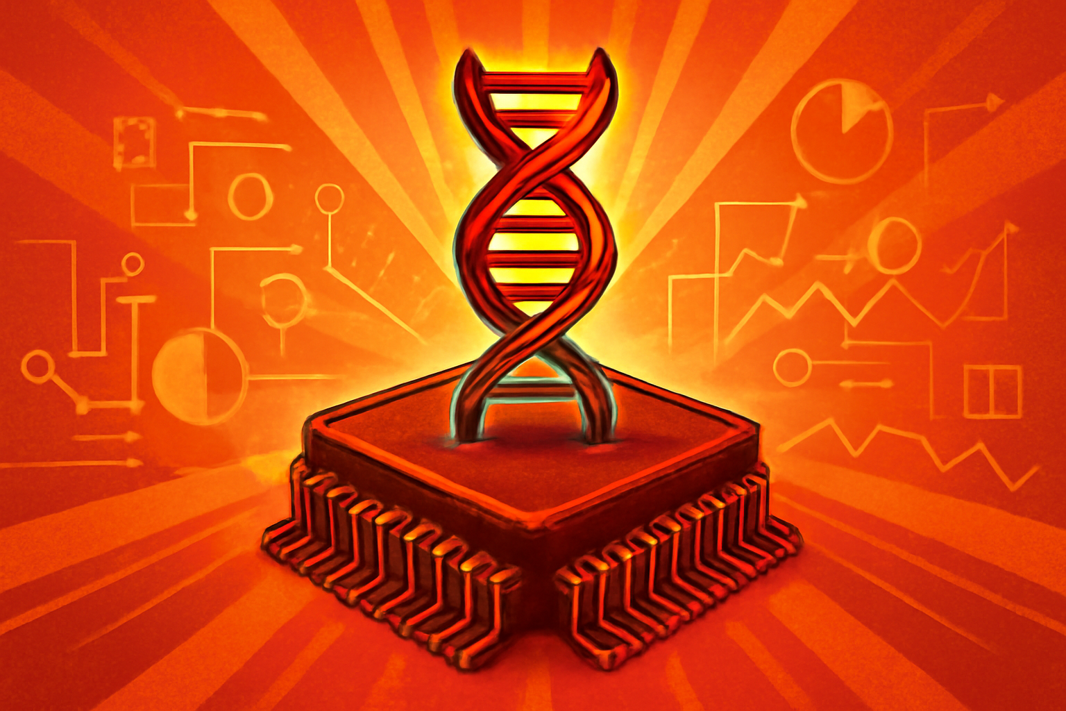 A microscopic view of a semiconductor chip integrated with glowing synthetic DNA strands to represent bio-hybrid computing technology.