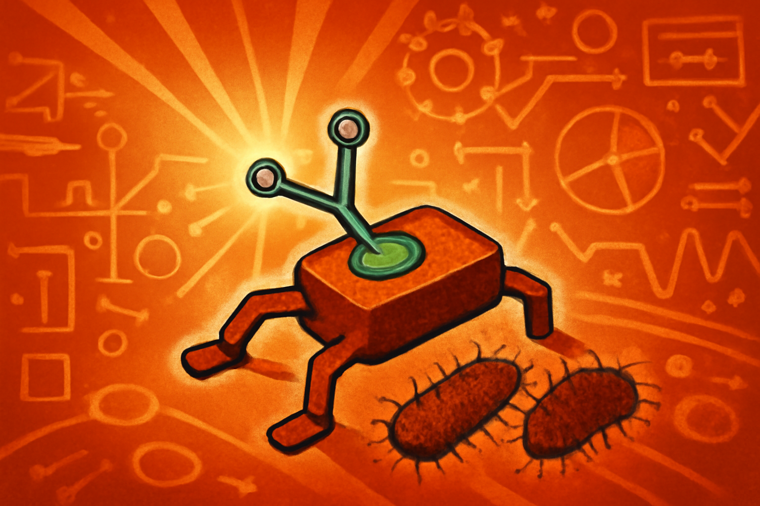A digital illustration of a microscopic robot using glowing nanoantennas to steer toward a single bacterium in a fluid environment.