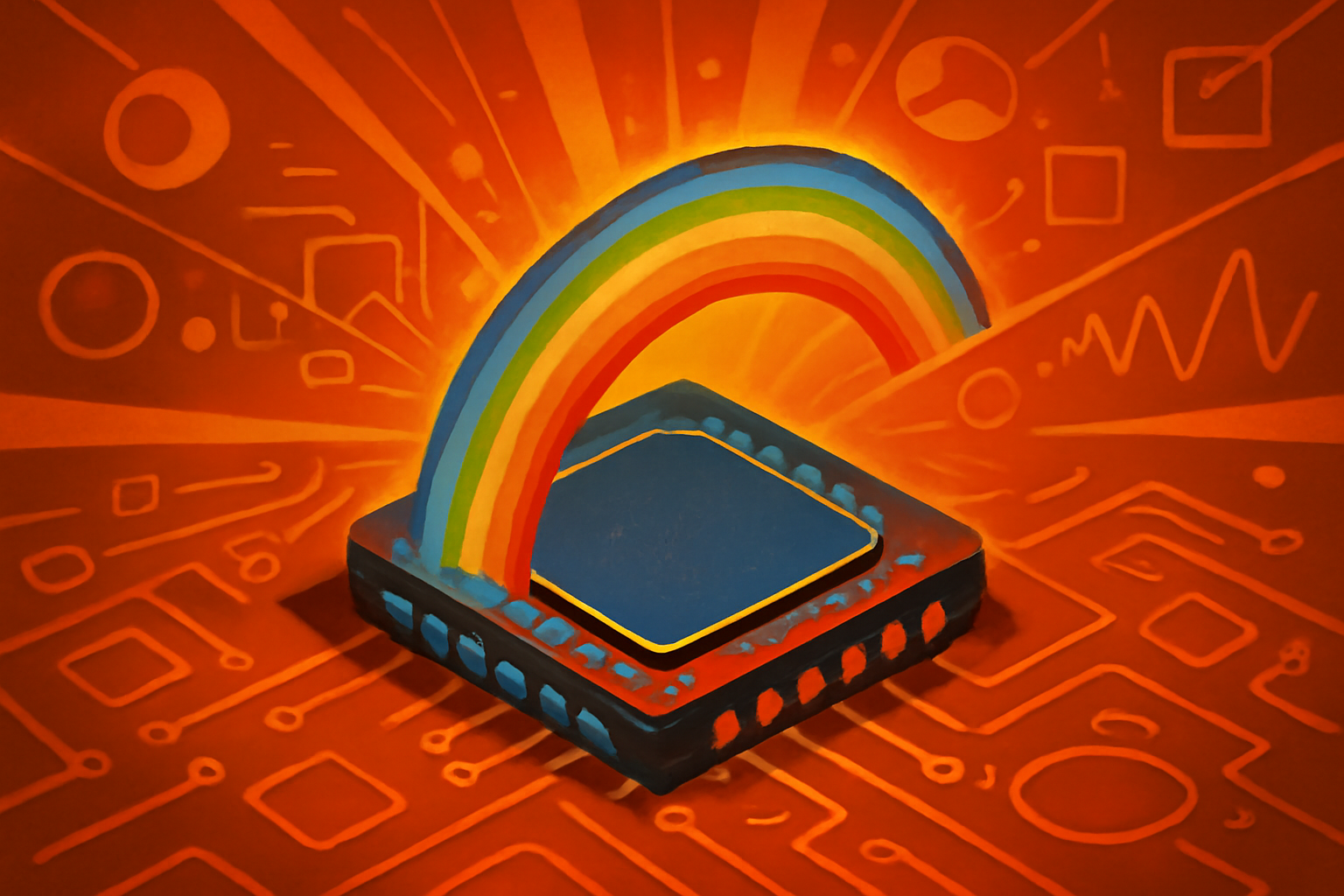 A tiny microchip smaller than a grain of rice glows with a spectrum of rainbow light against a dark, technical background.