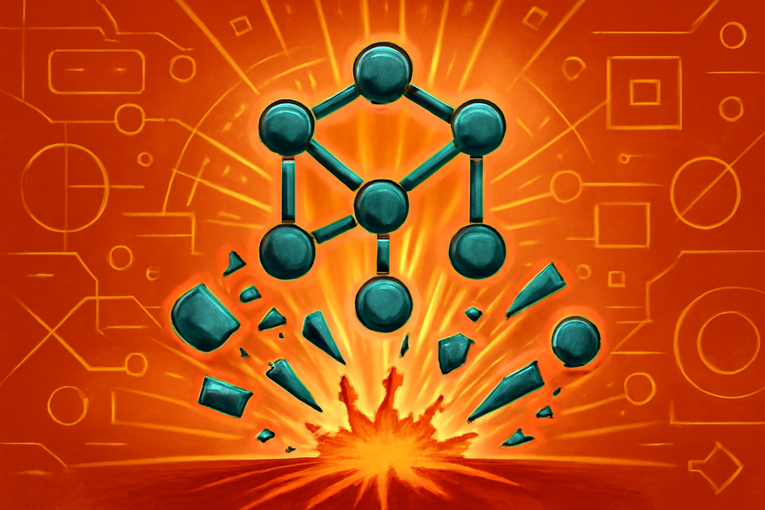 A digital illustration of a 3D molecule being assembled from glowing fragments by blue and purple light patterns, representing AI reconstruction.