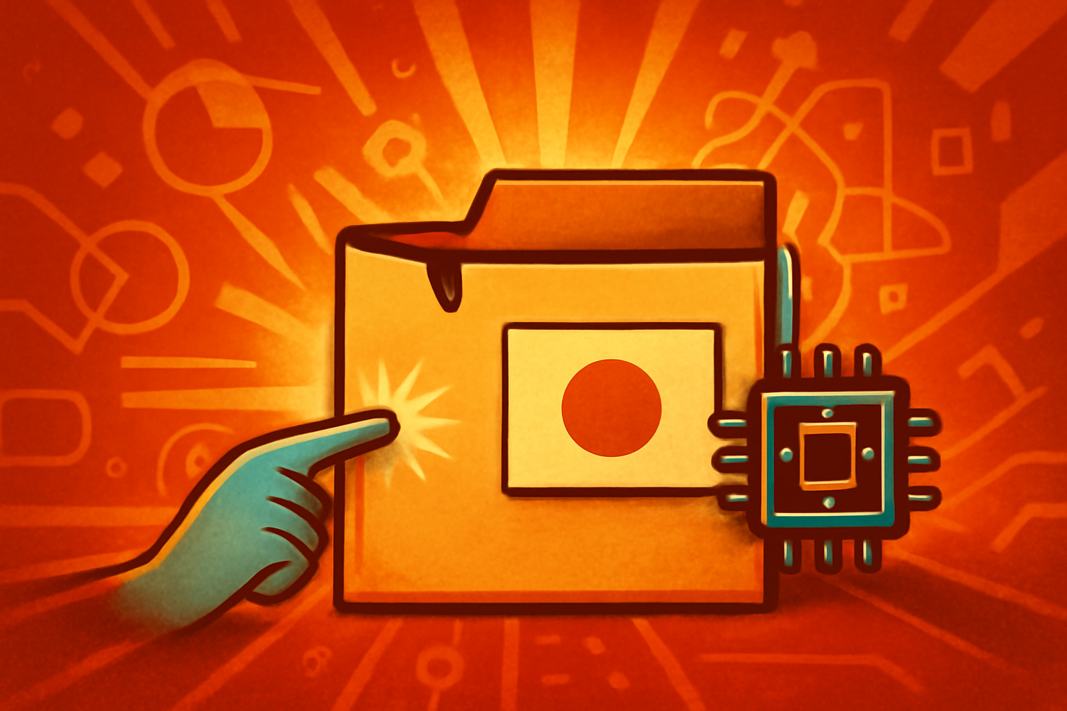 Digital illustration representing Japanese AI policy, featuring stylized data folders and a government emblem on a high-tech blue and white background.