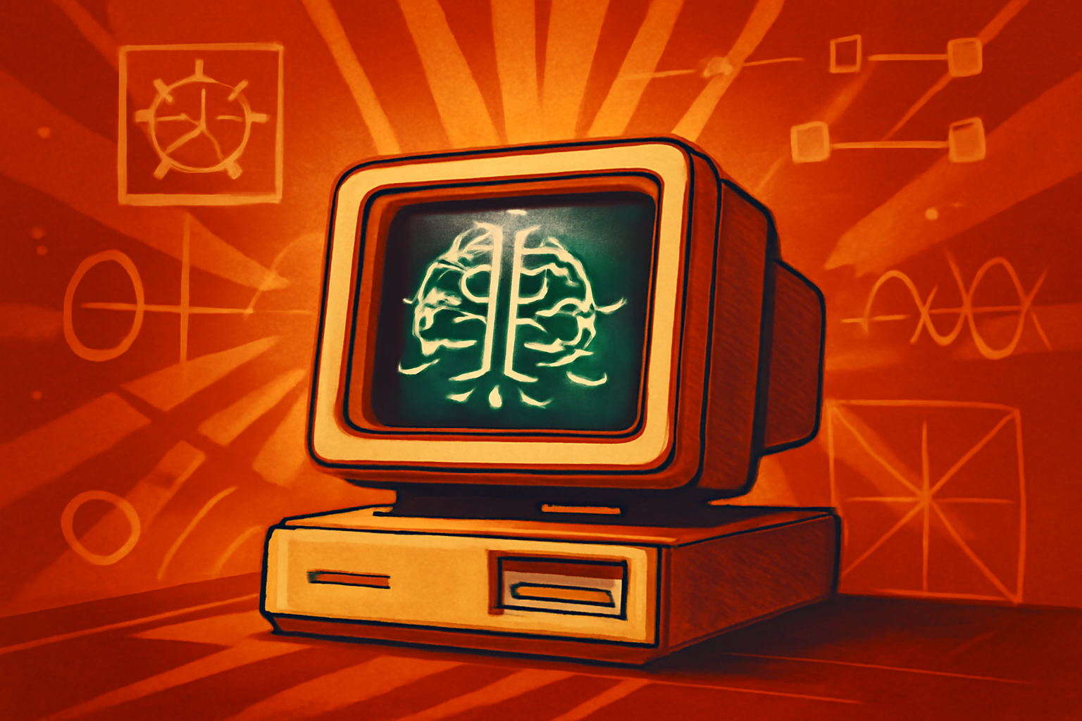 A retro computer monitor from the 1980s displays a text-based dialogue from the early AI program ELIZA against a blue digital grid background.