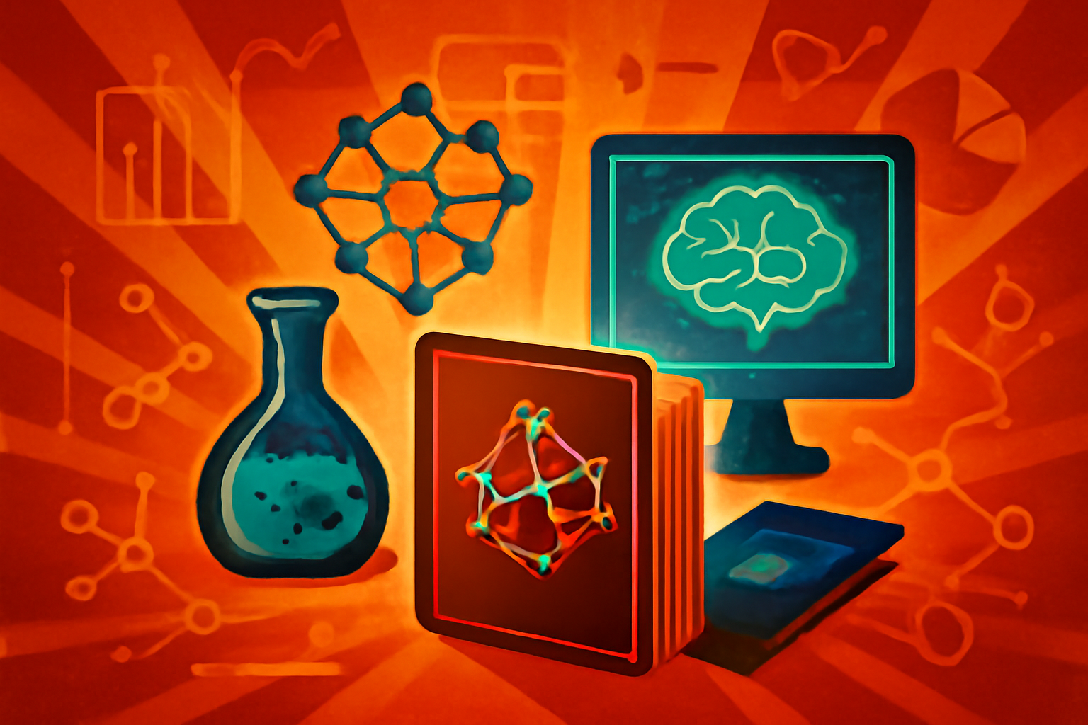 A digital representation of crystalline molecular structures floating above a laboratory bench, symbolizing AI-driven material discovery.