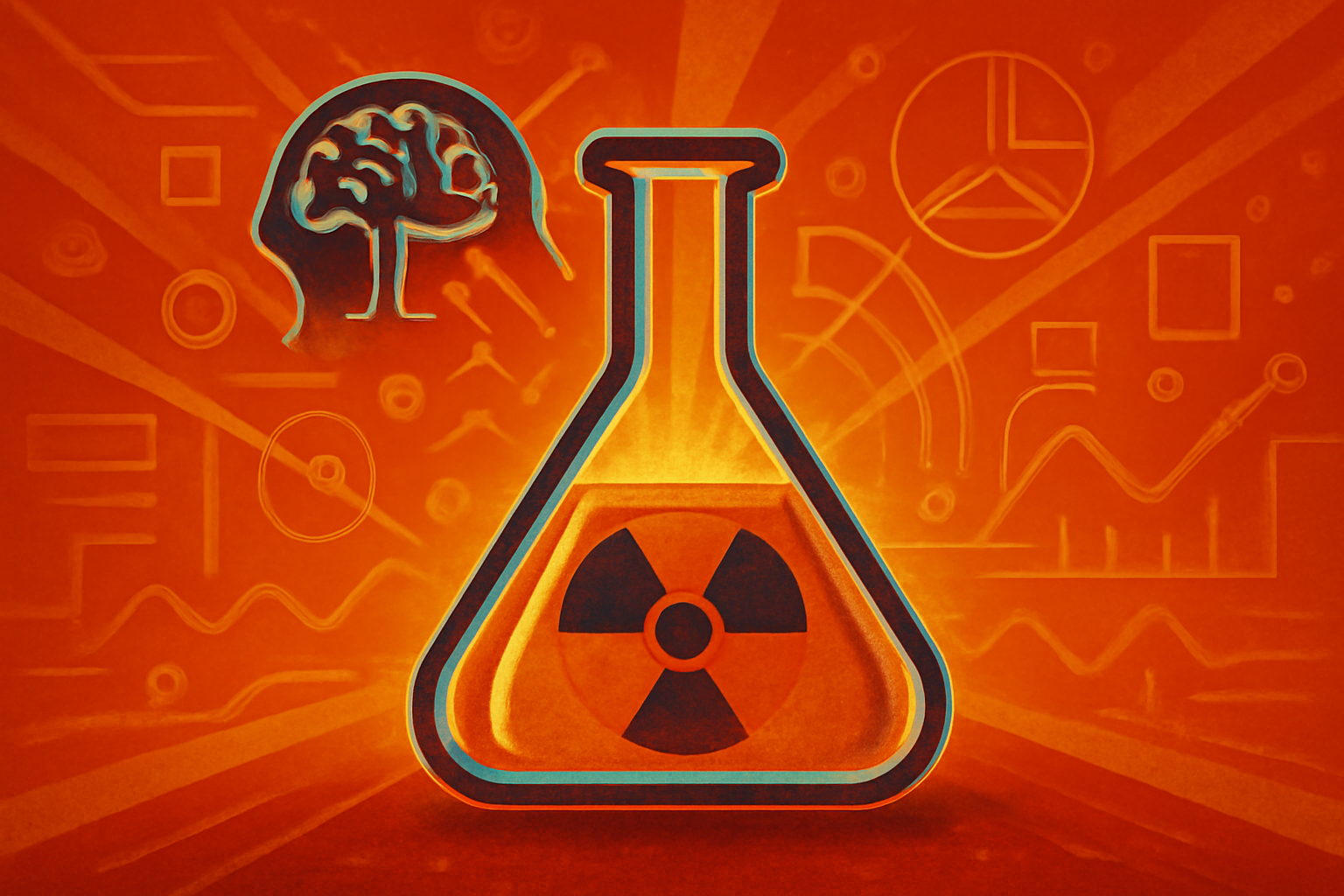 A laboratory scene showing molten glass being processed with AI data visualizations visible on a computer monitor in the background.