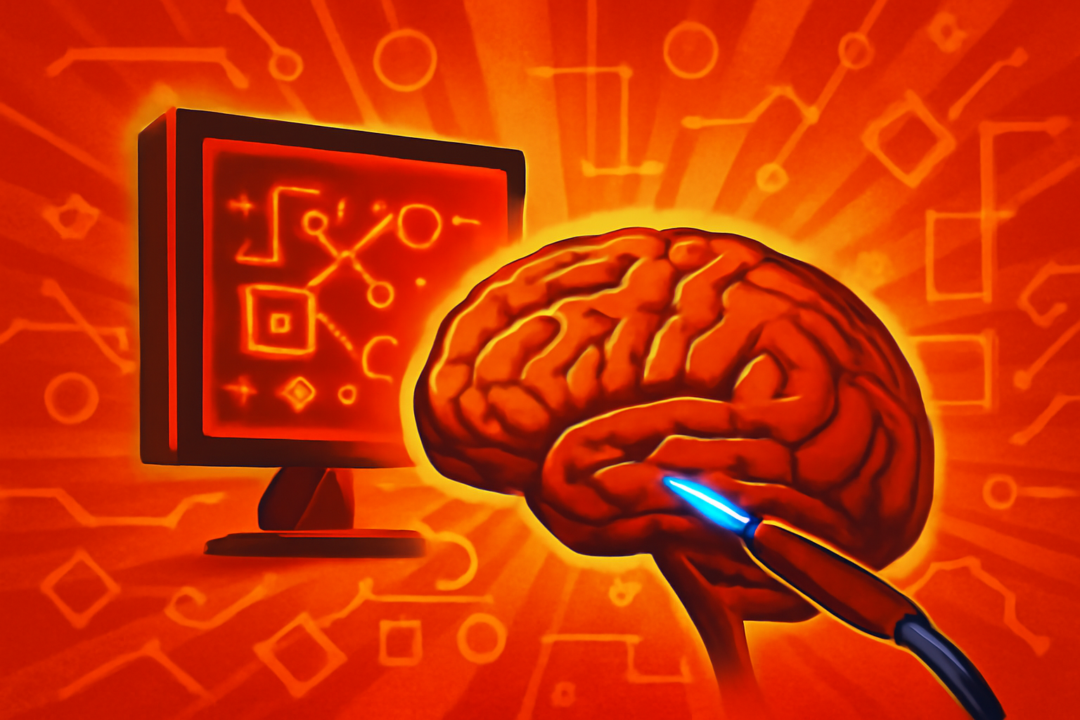 Surgeons performing a procedure in a high-tech operating room with a digital screen showing AI-assisted brain mapping.