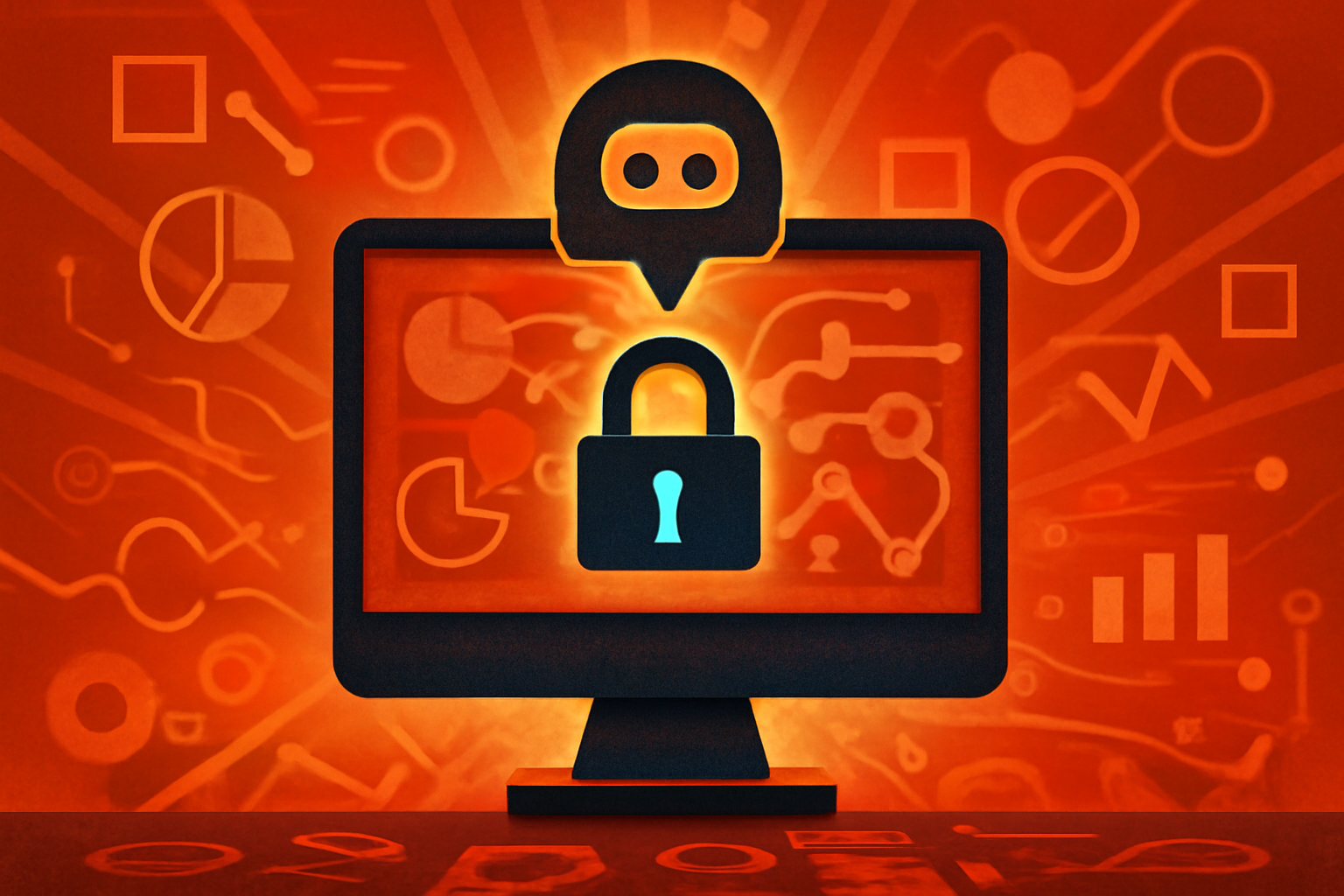 Digital art of translucent figures interacting with a floating screen of code between two high-tech server stacks, symbolizing AI agents coordinating a system breach.