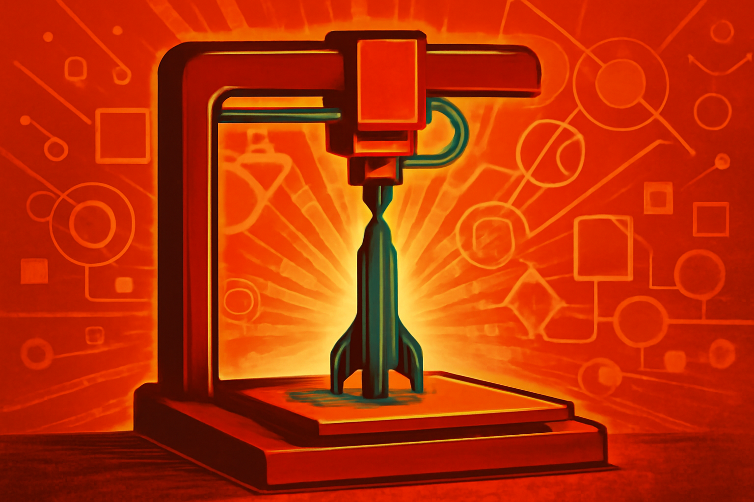 A 3D printer creating a metallic rocket engine part from a copper-colored alloy in a research laboratory.