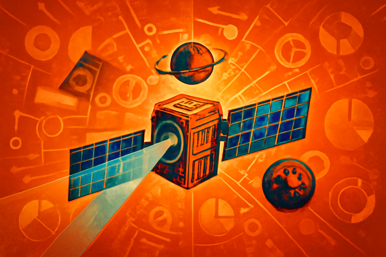 Digital illustration of a NASA Starling satellite using visual sensors to track a piece of space debris for autonomous navigation against a backdrop of deep space and the moon.