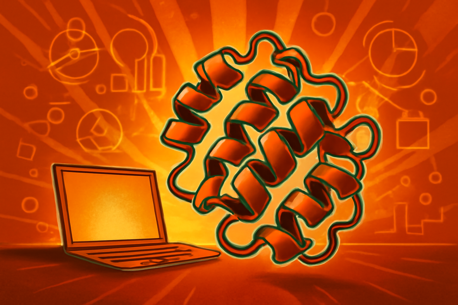 A digital representation of a 3D protein molecule being constructed with glowing blue lines in a modern laboratory setting.