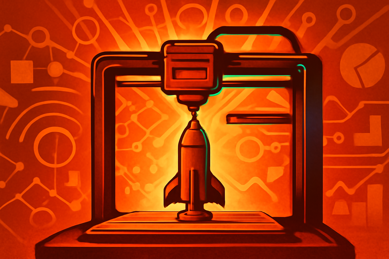 A commercial 3D printer using a laser to melt copper-colored alloy powder into a complex rocket engine part, with digital data visualizations in the background.