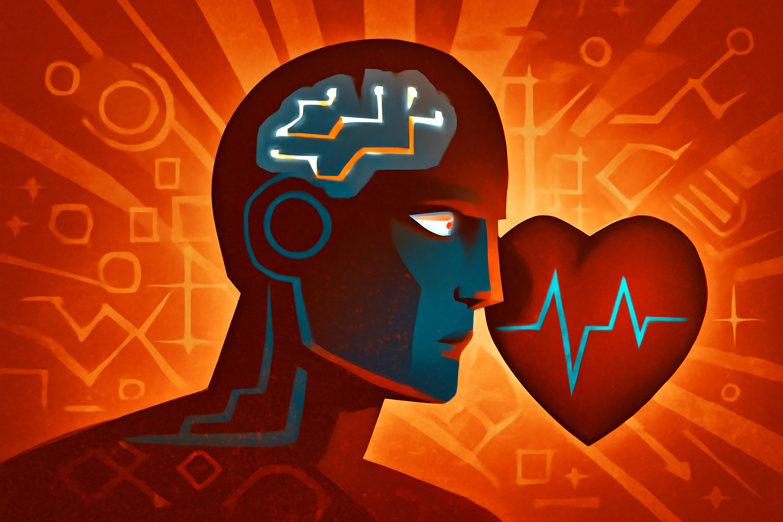 A digital monitor in a medical setting showing a heart rhythm waveform with a glowing artificial intelligence network overlay.
