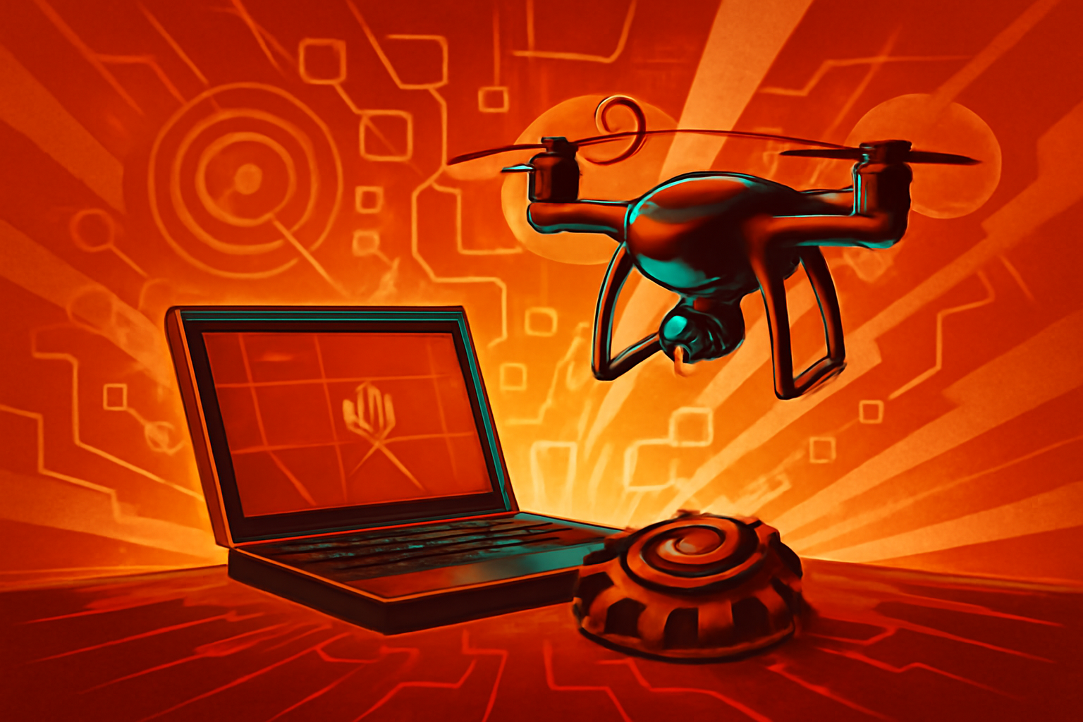 A military drone flies over a field while a digital interface shows AI-powered threat detection mapping for landmines.