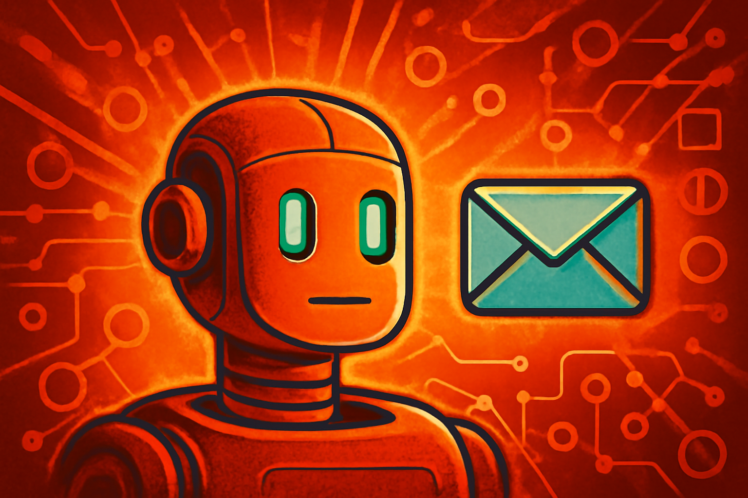 An artistic representation of an AI agent sending an email, depicted as a glowing data-driven silhouette at a holographic workspace with a brain-shaped email icon.