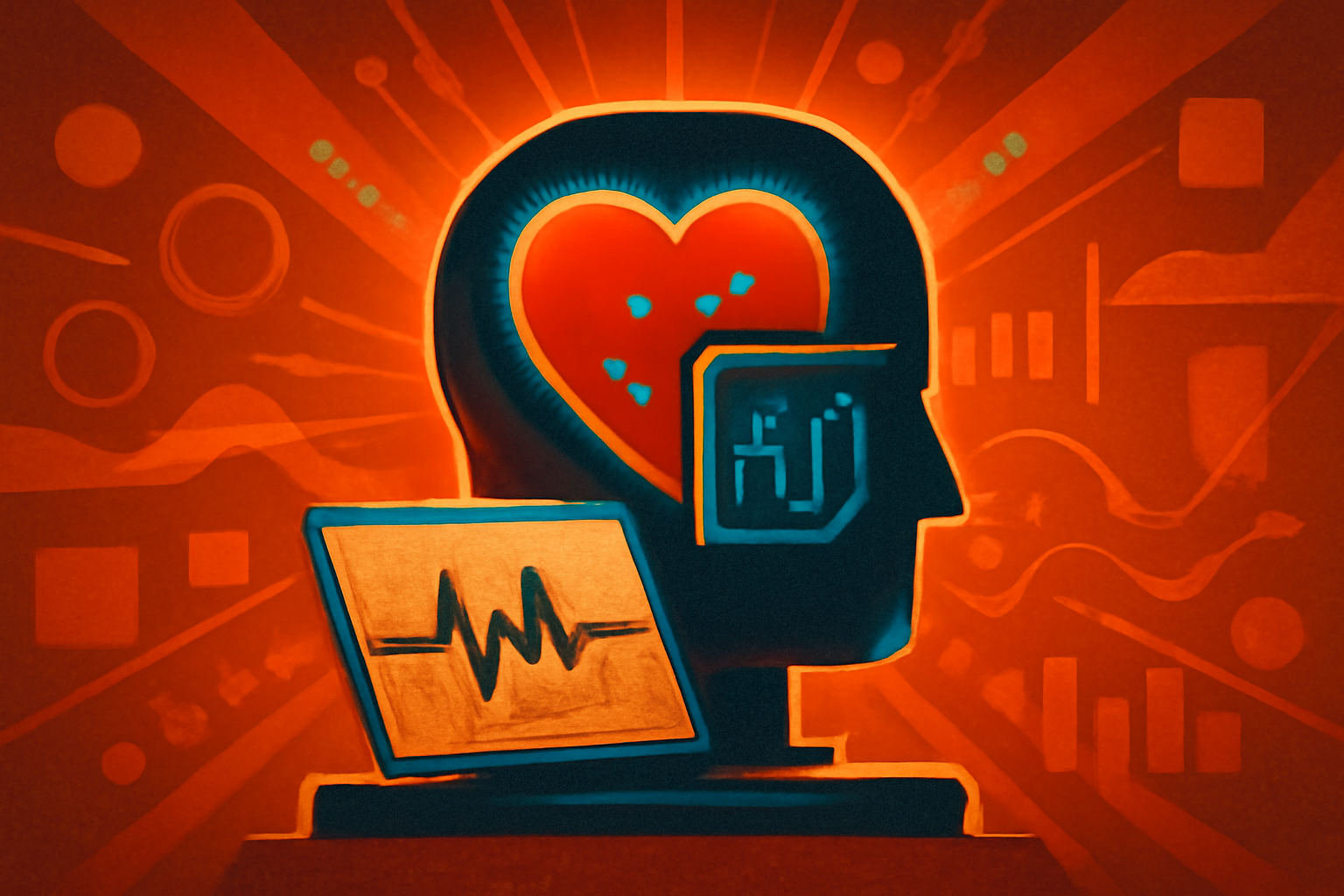 A digital medical screen displaying a glowing 3D heart model next to fluctuating ECG heart rate lines in a modern clinic setting.