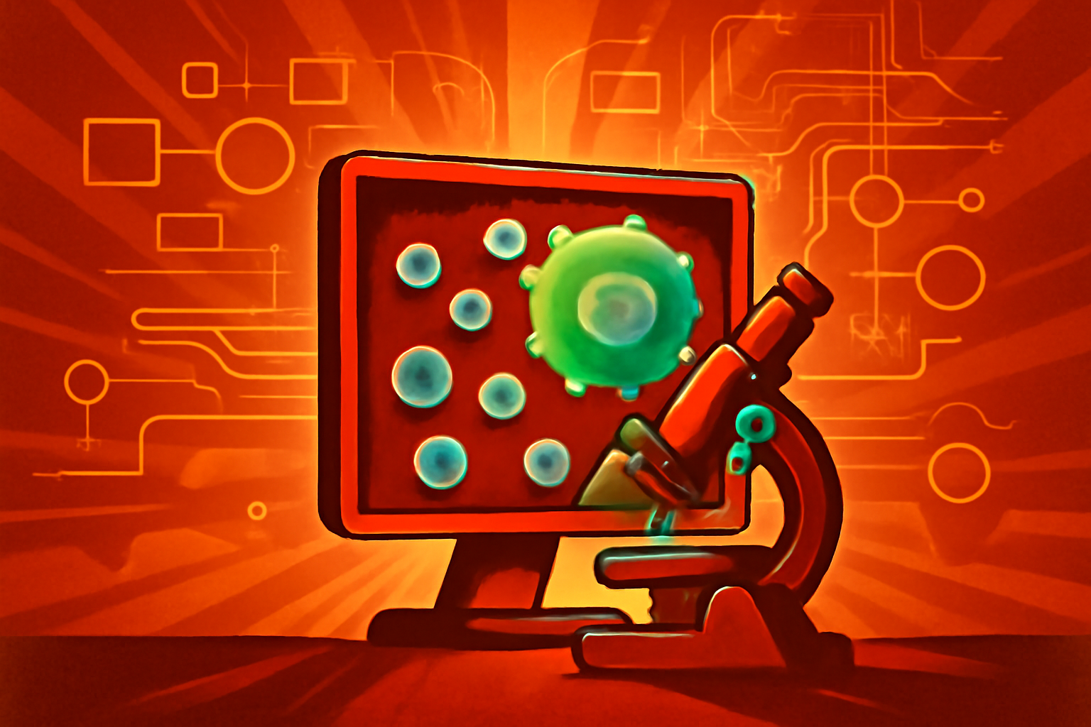 A high-resolution microscope image of biological cells on a computer screen, featuring colorful digital outlines created by an AI algorithm to segment and track individual cells.