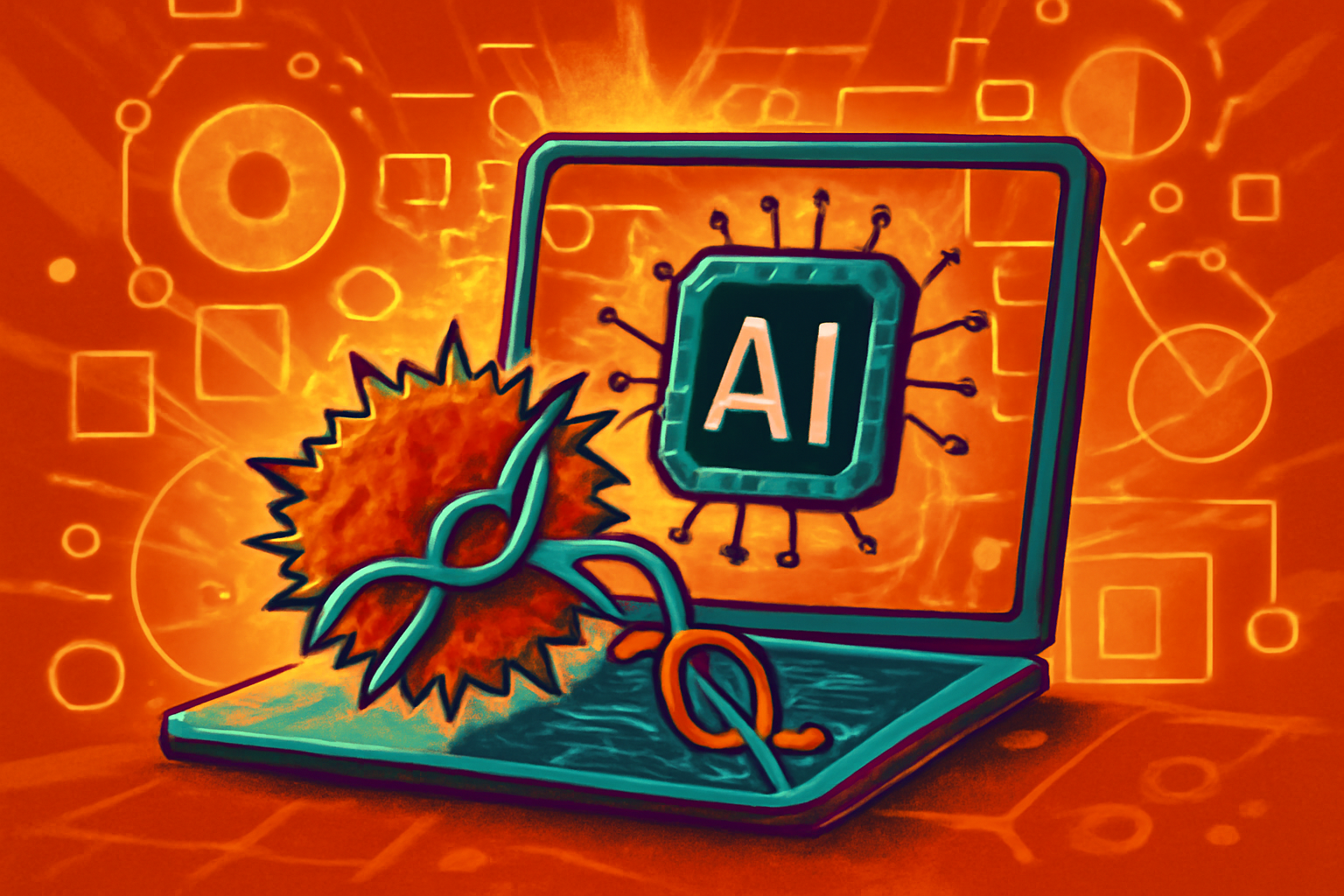 A 3D digital visualization of a synthetic protein binder structure glowing with golden light, representing AI-designed cancer therapy components.
