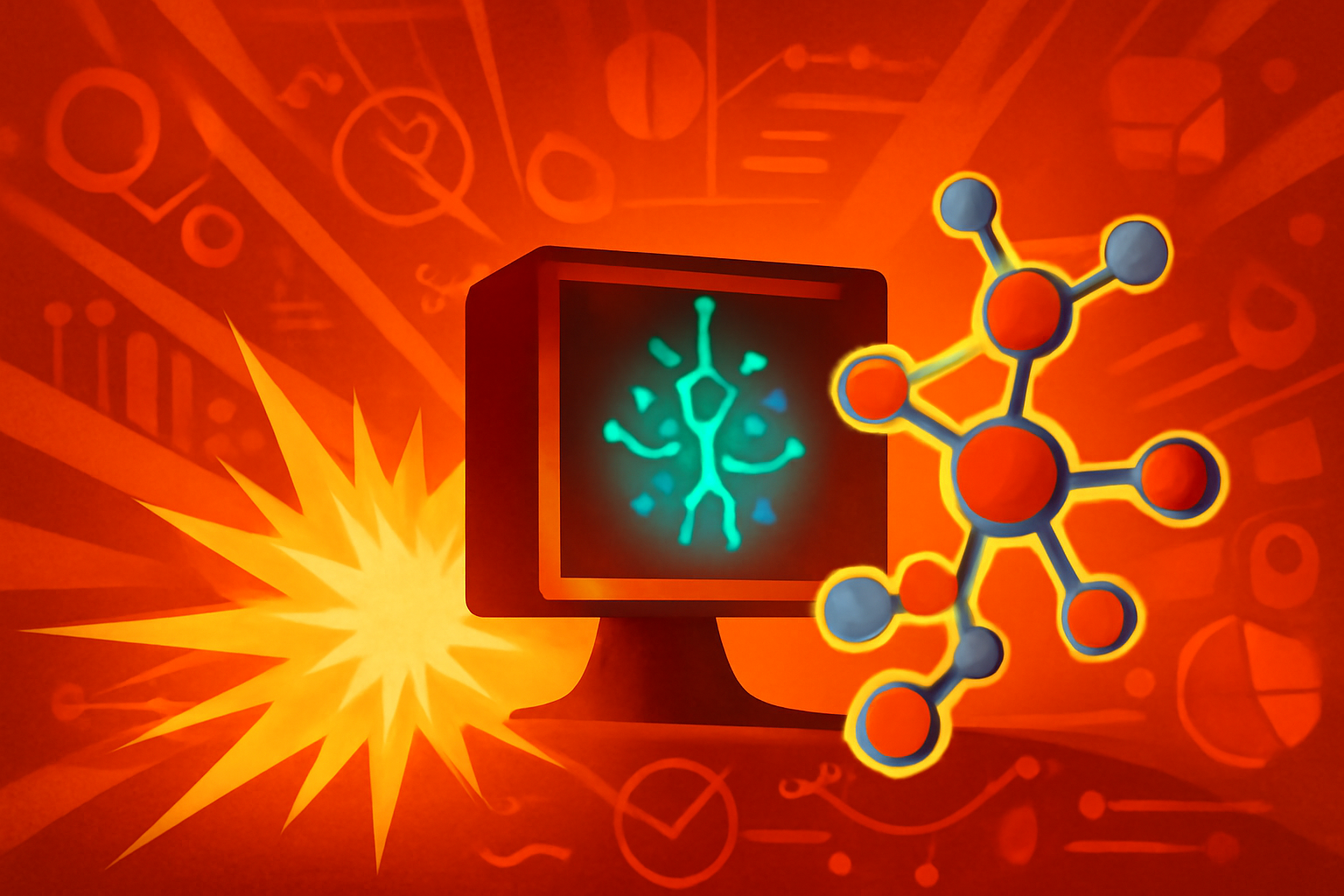 A digital visualization of a molecule being assembled from fragments with light effects, representing AI molecular reconstruction.