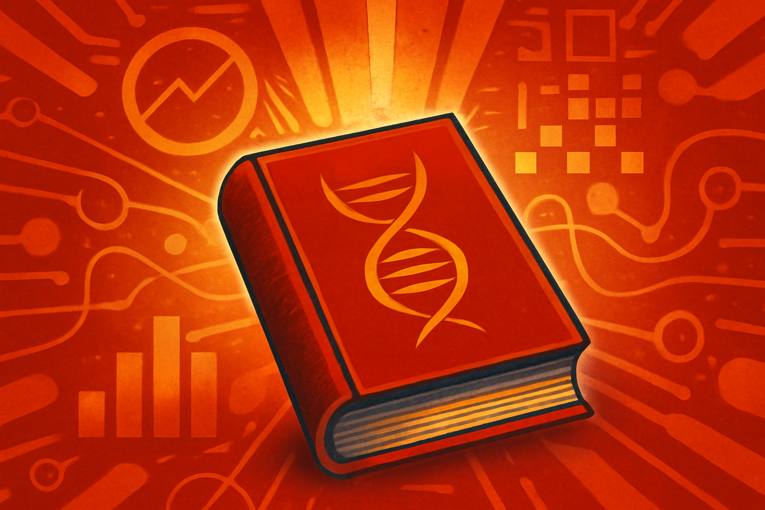 A digital 3D model of a glowing DNA strand set against a backdrop of complex data visualizations and network nodes in a high-tech laboratory.