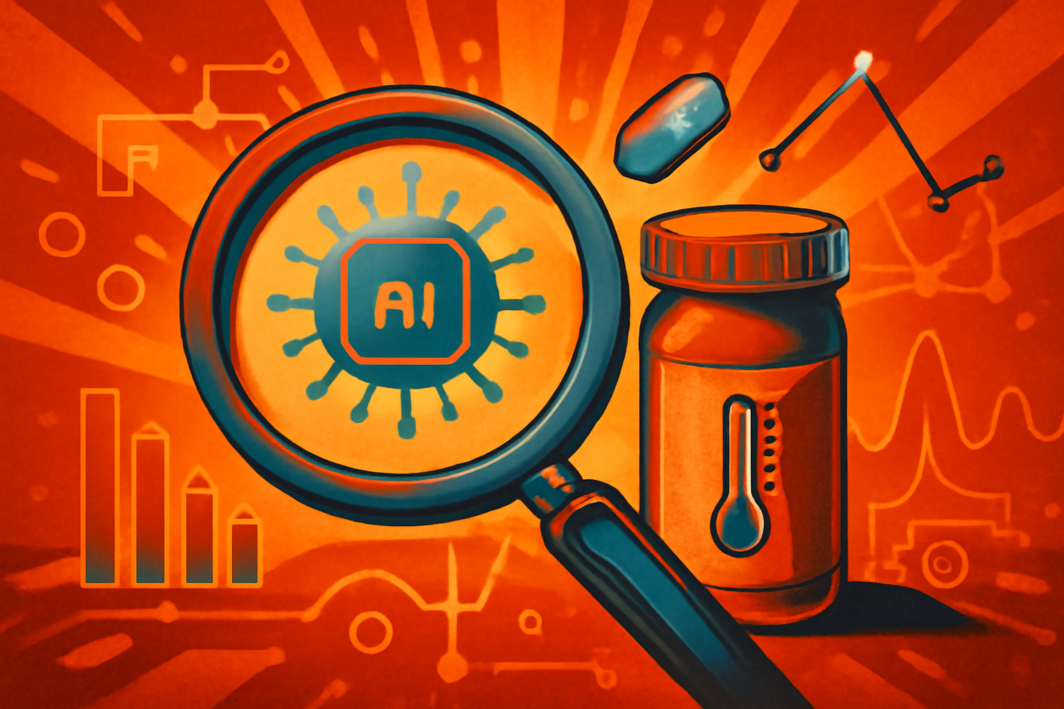 A digital illustration representing AI analysis of social media for medical research. It features glowing network nodes connected to a medicine bottle, symbolizing the link between online discussions and pharmaceutical data.