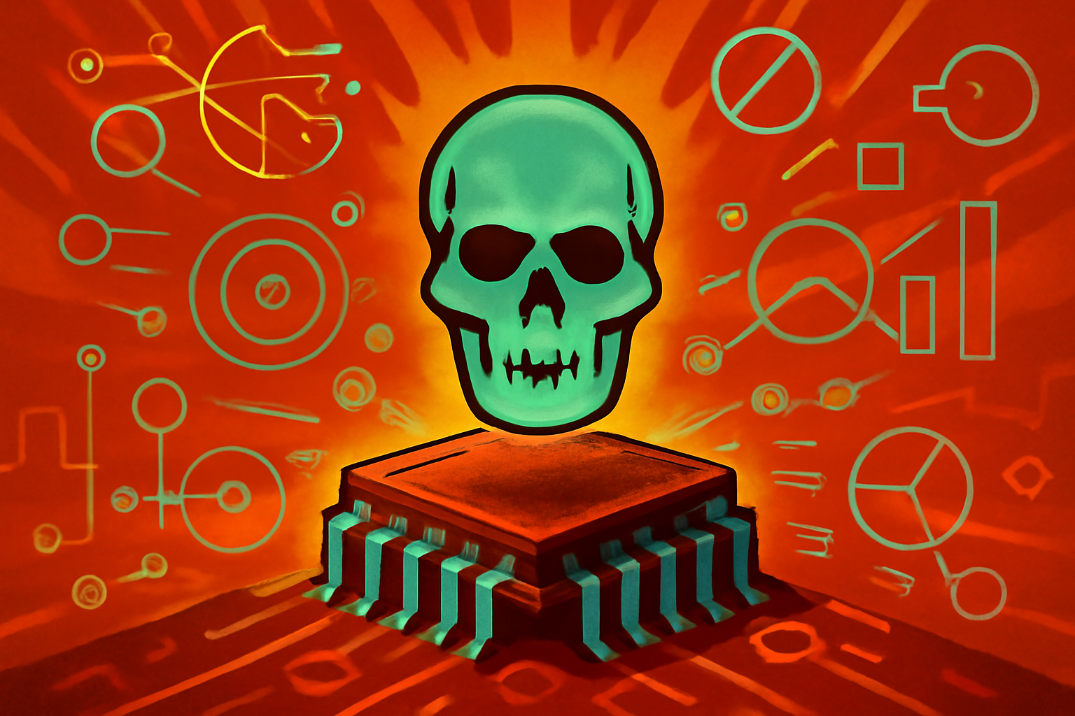 A dark, moody server room with a prominent red warning light on a piece of high-tech hardware, symbolizing the risks and safety concerns of advanced AI development.
