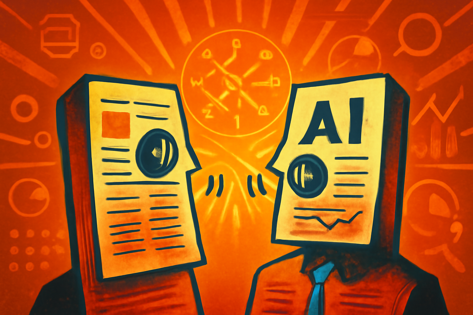 A high-tech digital visualization showing translucent folders and paper icons linked by glowing data lines. Each icon contains a small, stylized human-like silhouette representing an AI agent. The background is a clean, blue-toned medical research setting with abstract DNA and molecular patterns.