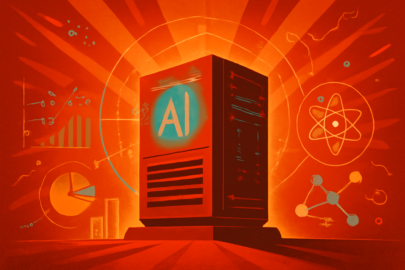 A digital screen in a research lab showing complex 3D molecular structures and mathematical data visualizations.