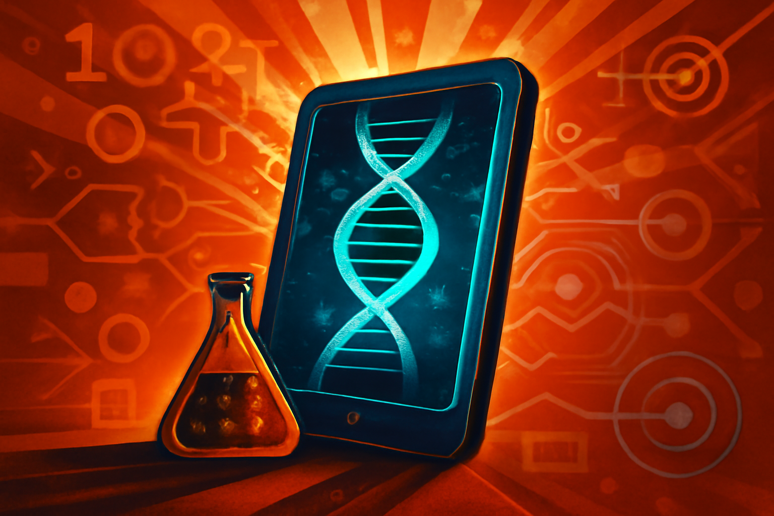A high-tech digital display in a laboratory showing 3D protein structures with a glowing security padlock icon representing verified access.