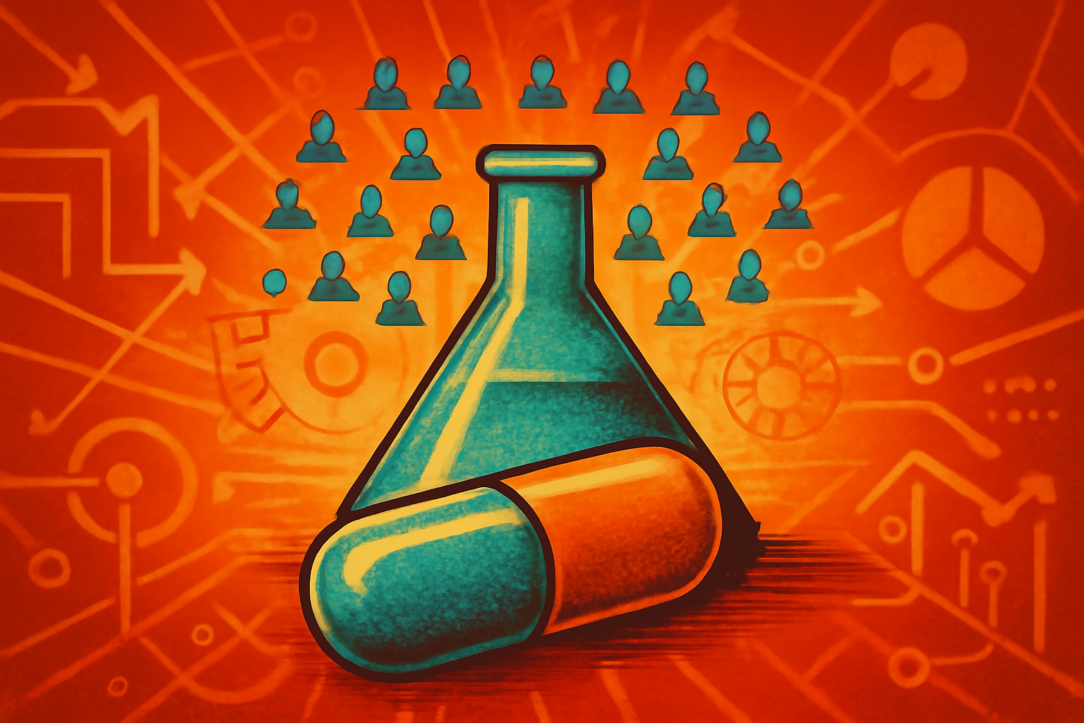 A digital illustration showing a complex network of thousands of small, glowing nodes representing AI agents collaborating on a drug development pipeline.