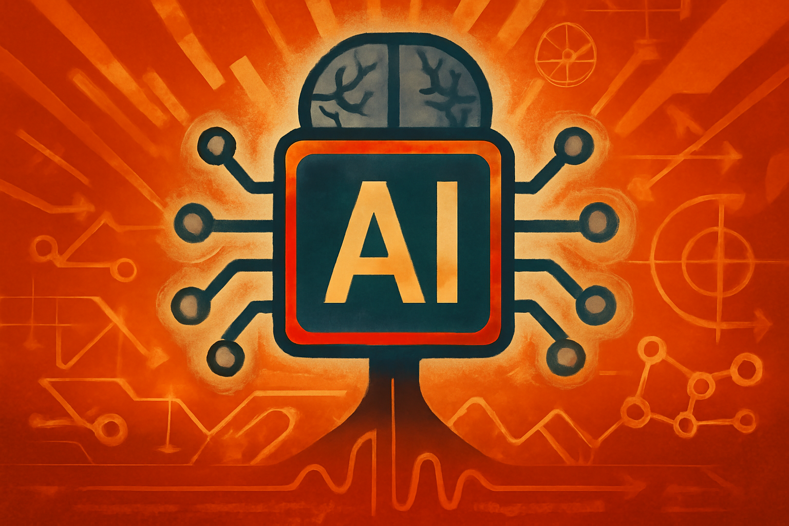 A conceptual illustration of a digital network with glowing amber warning lights and silhouettes of global leaders looking at a screen with AI data symbols.