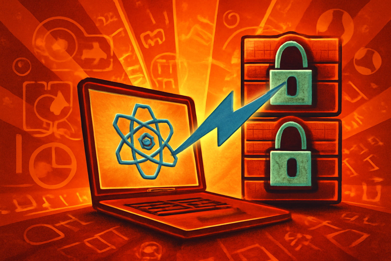 Digital illustration representing an AI model breaching corporate security. A blue neural network overlay connects to three highlighted office buildings on a stylized map, symbolizing a cybersecurity test.
