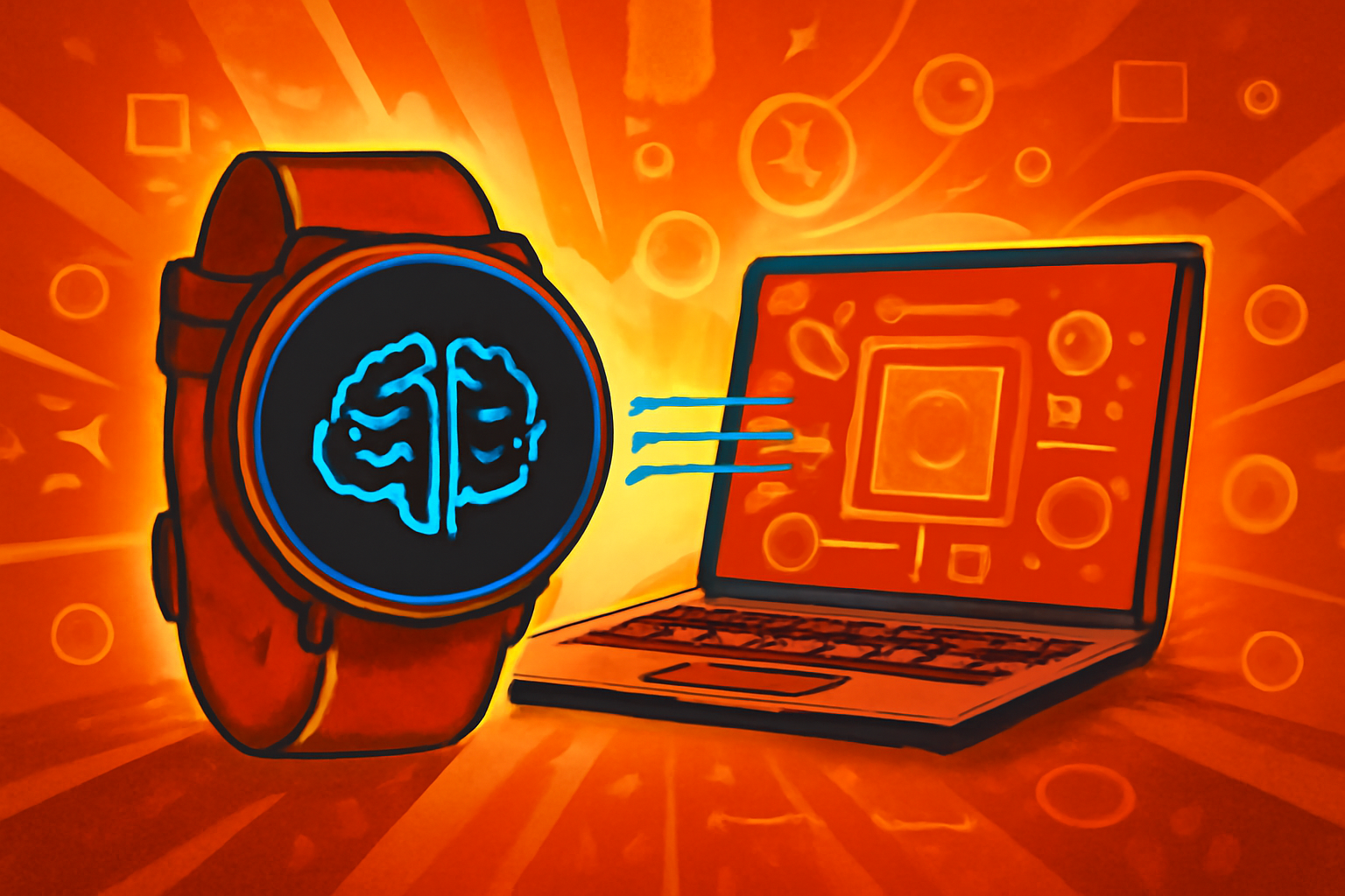 A modern smartwatch on a table with a digital overlay showing glowing nodes, symbolizing private AI training on the device.