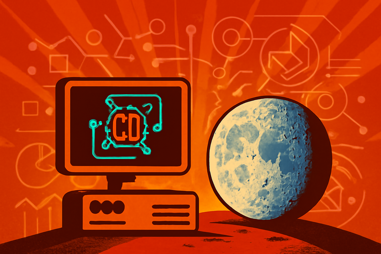 A digital visualization of the lunar surface with glowing artificial intelligence overlays highlighting geographic features and potential ice deposits.