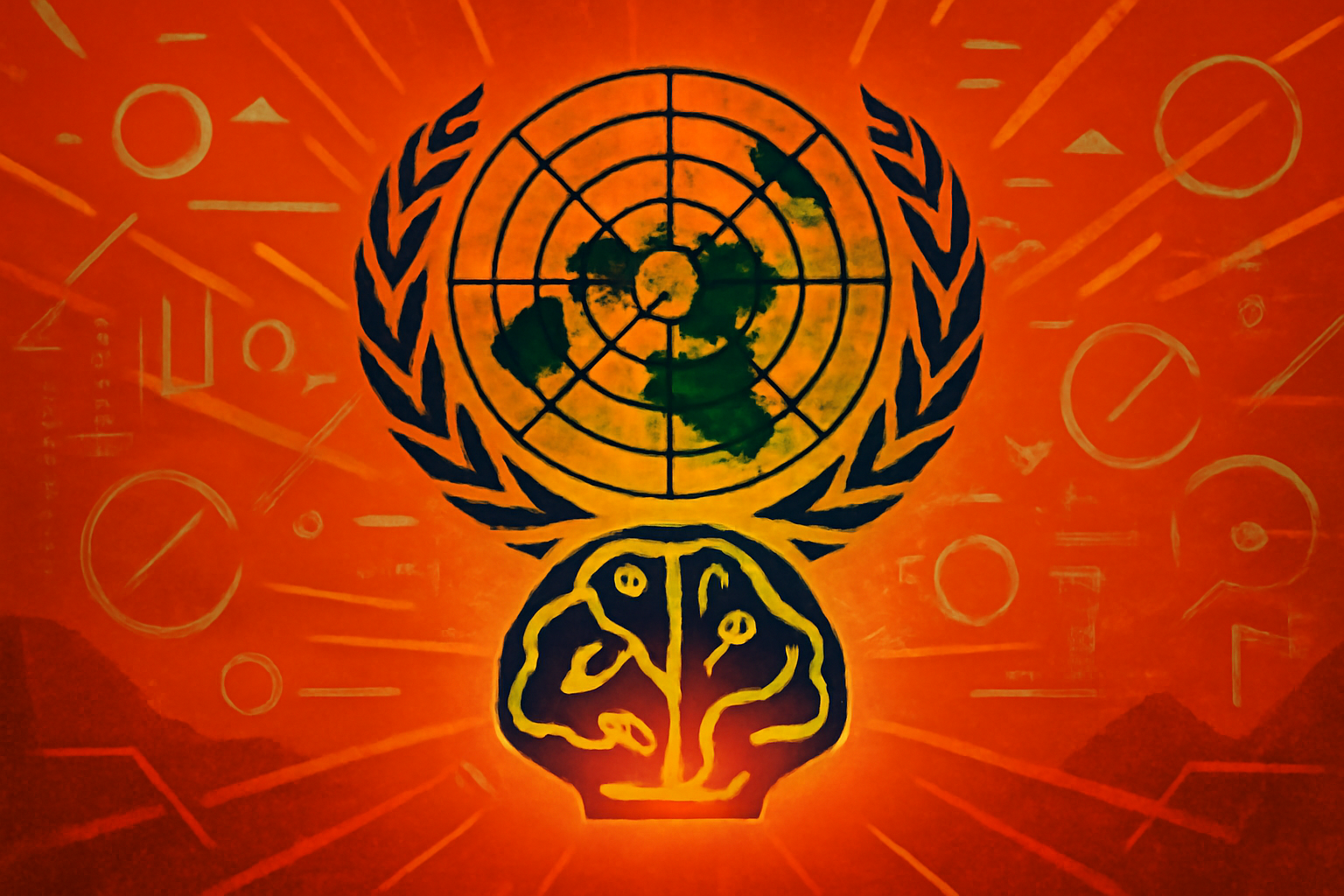 The United Nations General Assembly hall in New York during a session, with a subtle digital representation of a neural network overlaying the scene.