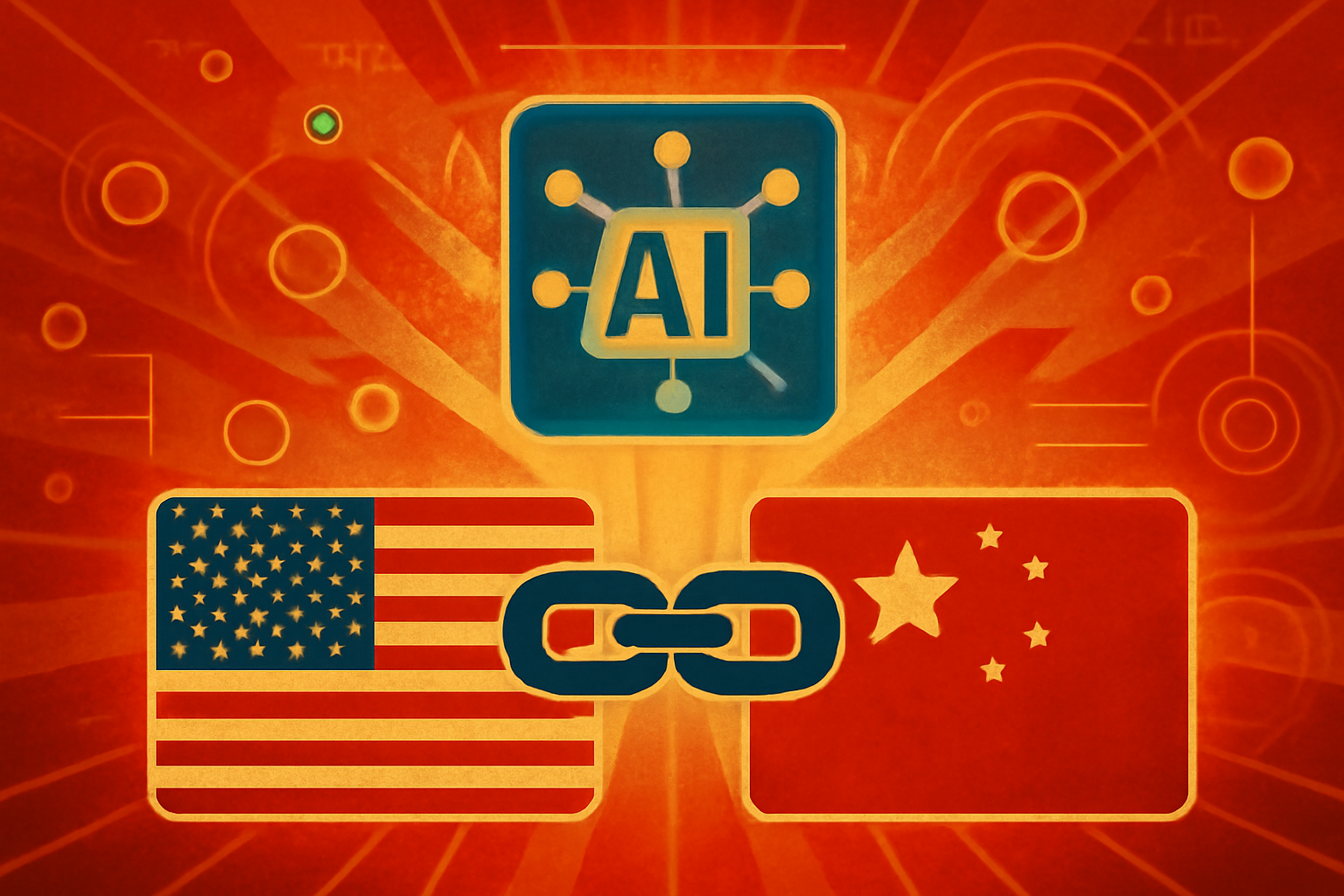 A diplomatic conference room featuring the flags of the United States and China with a digital screen displaying abstract AI motifs in the background.