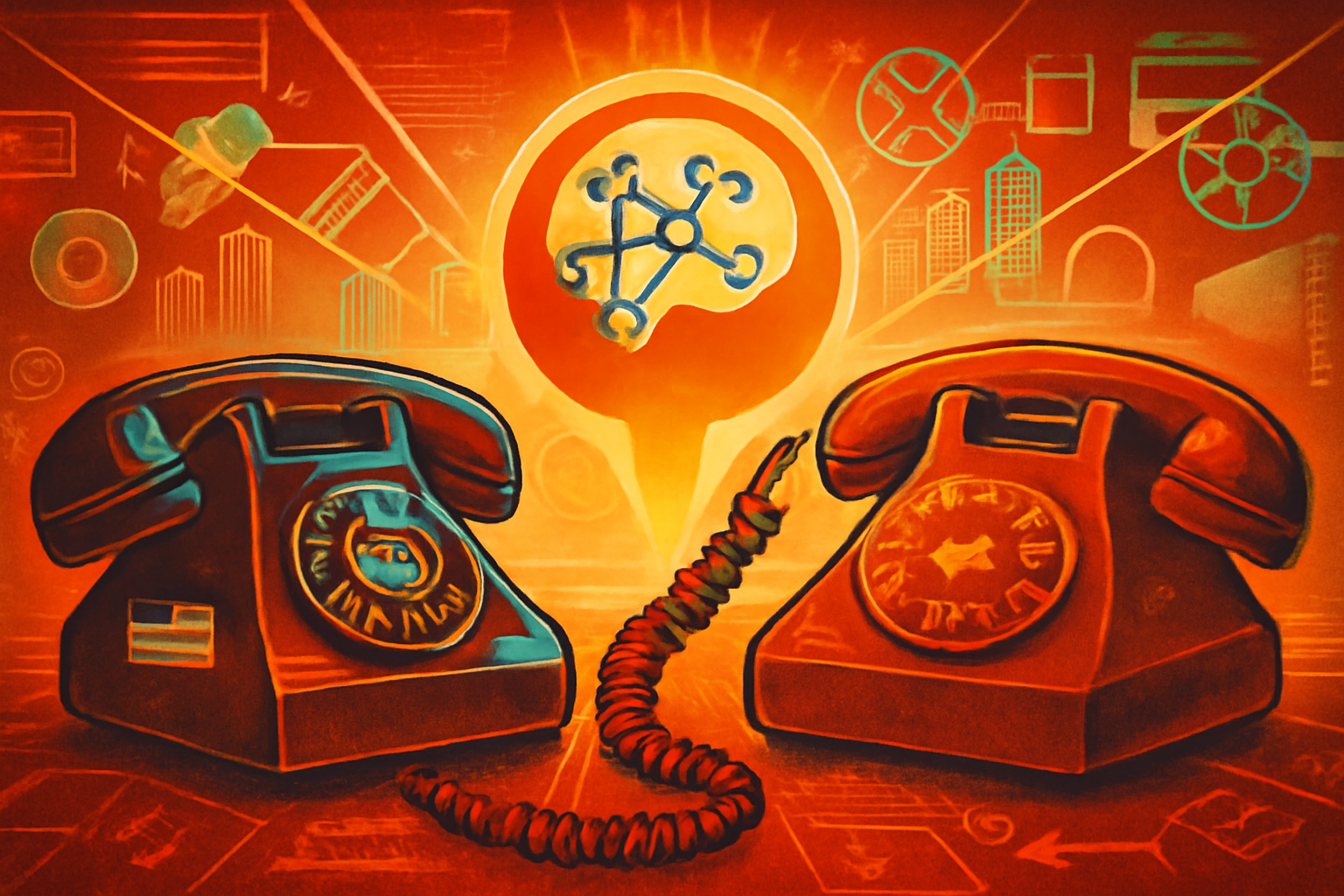 An editorial illustration of US and Chinese flags connected by a digital communication line and circuit patterns, symbolizing the new AI security hotline.