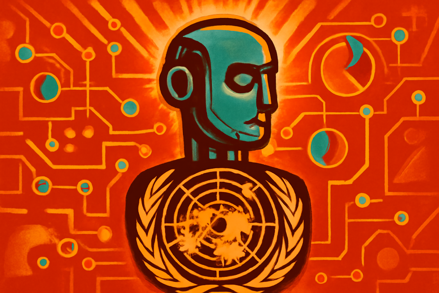 The UN Security Council chamber during a briefing on artificial intelligence risks, showing diplomats at the circular table with digital AI graphics on background screens.