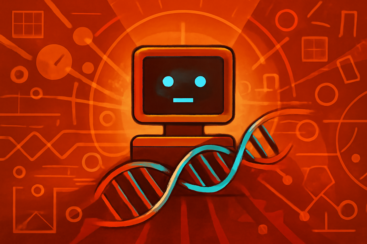 A digital visualization of DNA strands and glowing enzyme clusters being analyzed by an AI interface, representing the discovery of the ART enzyme system.