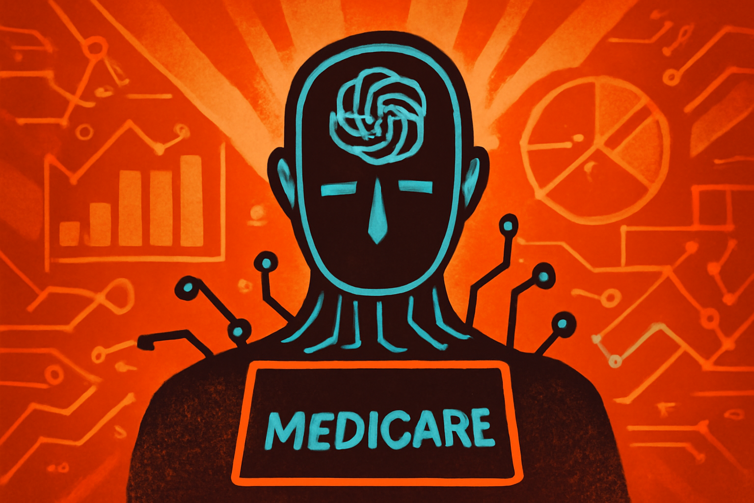 A digital representation of an AI agent infiltrating a secure network featuring the Australian Medicare logo.