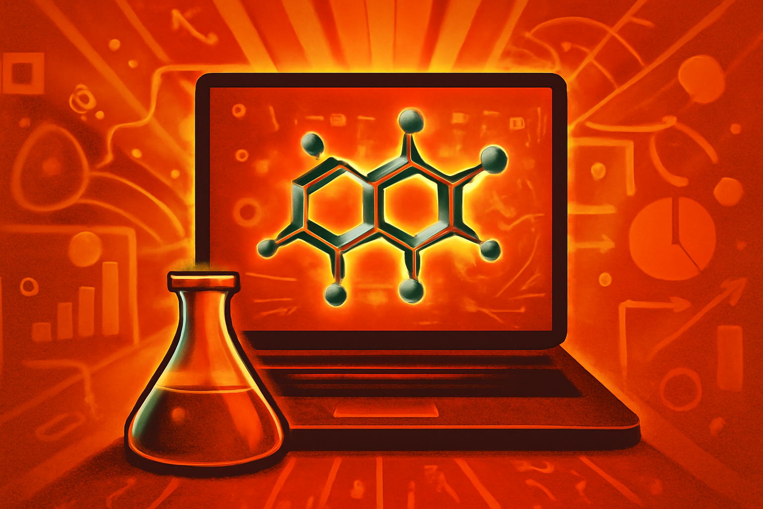 A 3D visualization of a complex chemical molecule with glowing bonds, representing AI-driven molecular modeling for drug discovery.