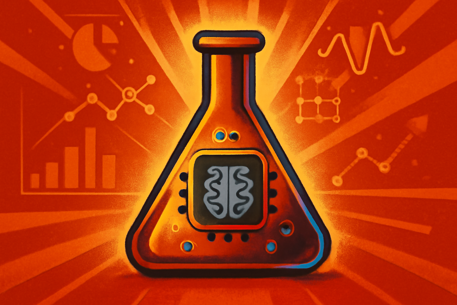 A digital rendering of a futuristic virtual laboratory with holographic data displays and networked AI agent avatars working on scientific research.