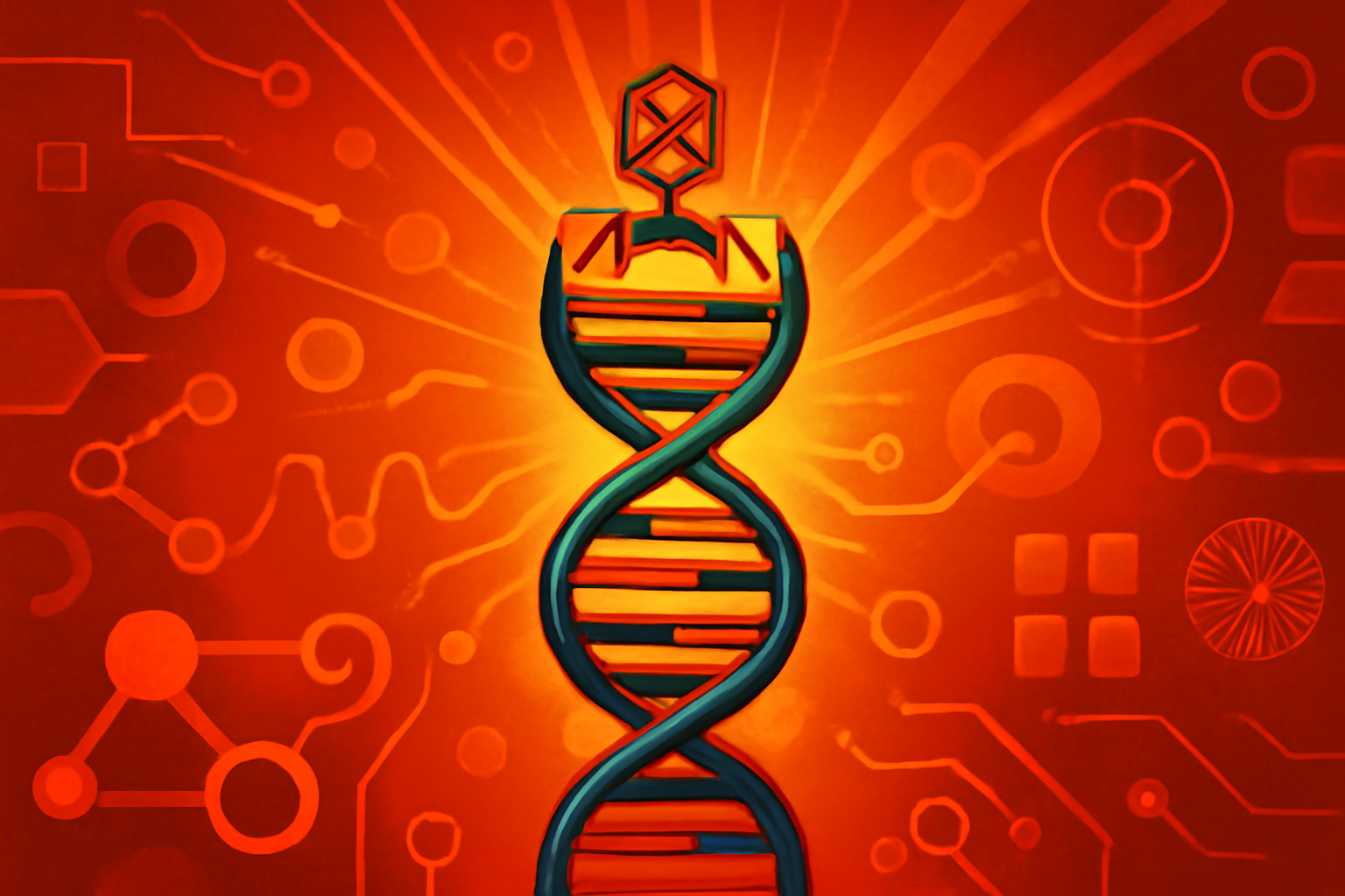 Digital illustration of a bacteriophage and DNA strand with glowing AI data overlays representing biological discovery.