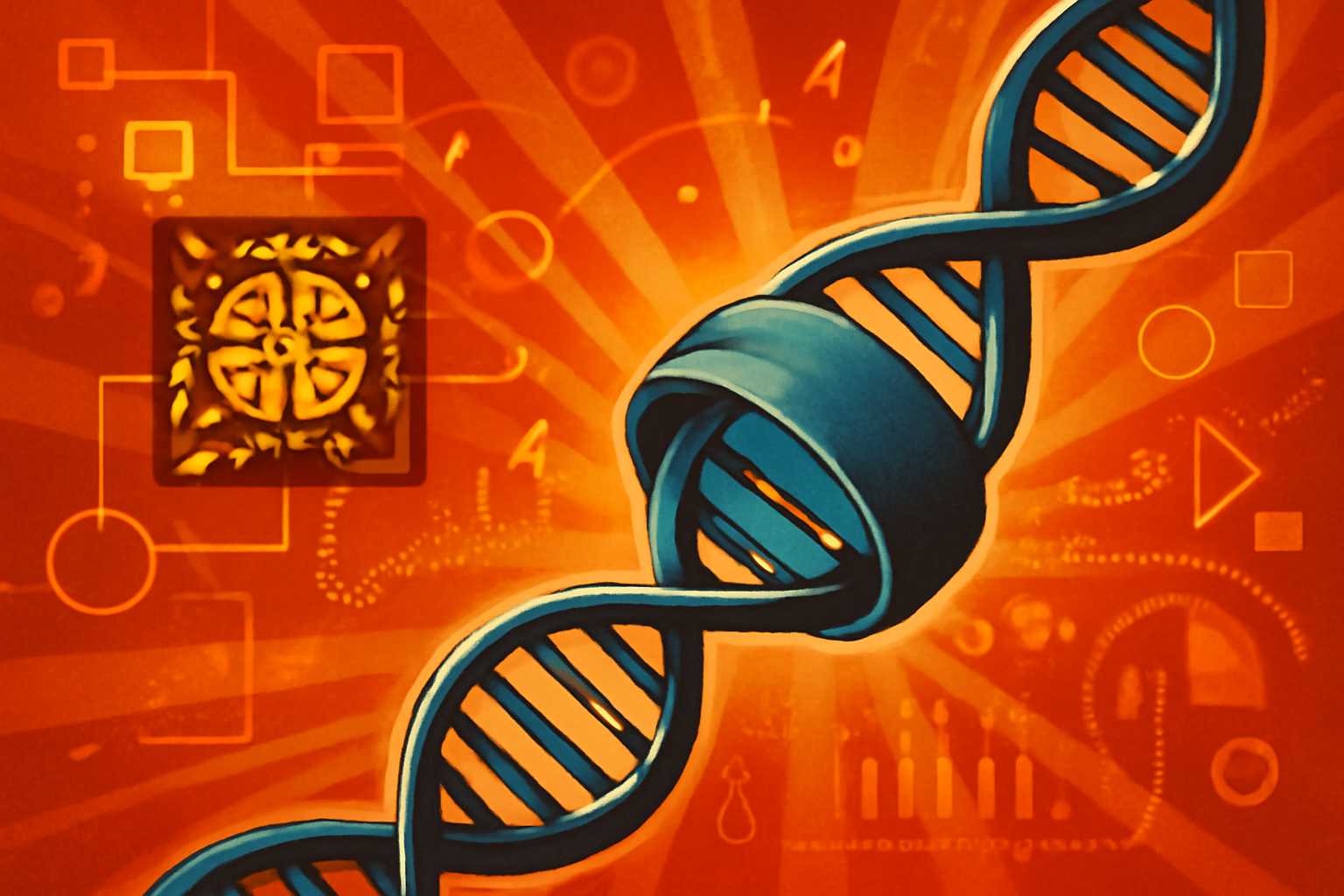 A 3D scientific visualization showing DNA strands wrapped around purple nucleosome proteins, with glowing golden segments indicating accessible regions of the genetic code.