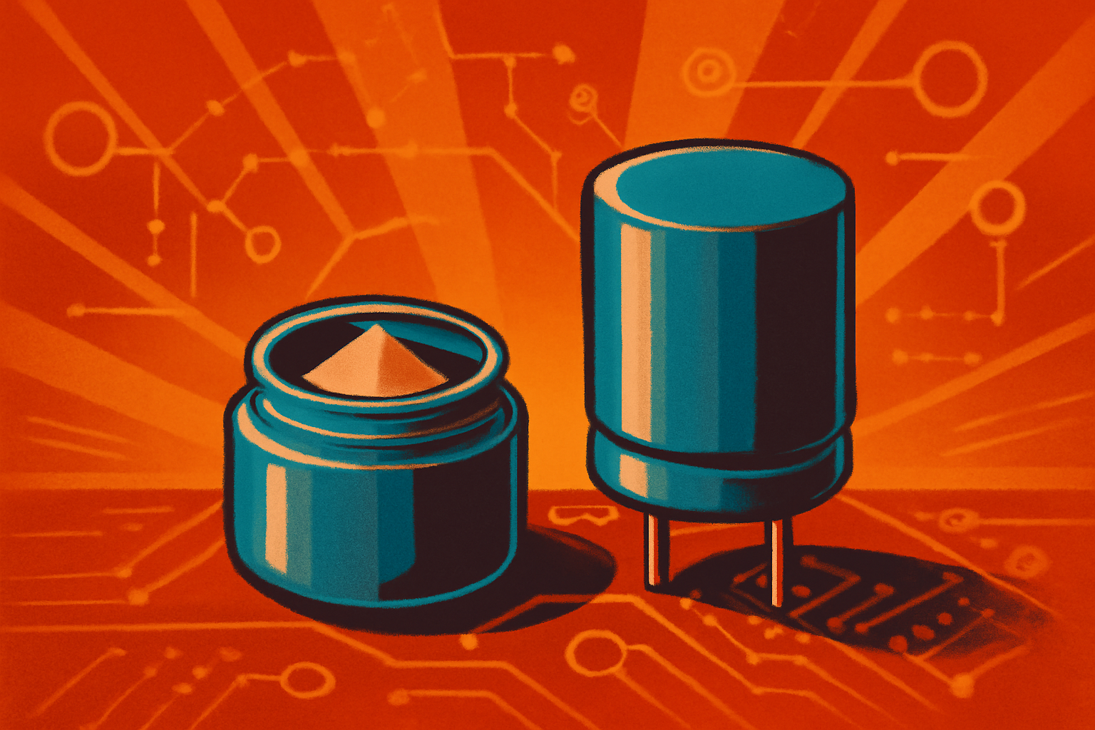 A close-up of fine white chemical powder in a glass container, set against a background of high-tech server racks in an AI data center.